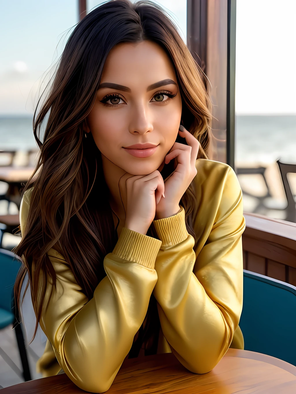 photo of (sh0hreh:0.99), a stunning beautiful young woman, green eyes, long messy windy light brown hair, closeup zoomed in tight crop portrait, sitting at a (table on a seaside boardwalk cafe bar drinks cocktails:1.2) wearing a (red designer long sleeve shirt:1.3) (drinks on table:1.3) (Lighting-Gold:1.2) foreground objects background details (masterpiece:1.2) (photorealistic:1.2) (bokeh:1.2) (best quality) (color grading) (detailed skin:1.3) (intricate) (8k) (HDR) (cinematic lighting:1.3) (sharp focus)