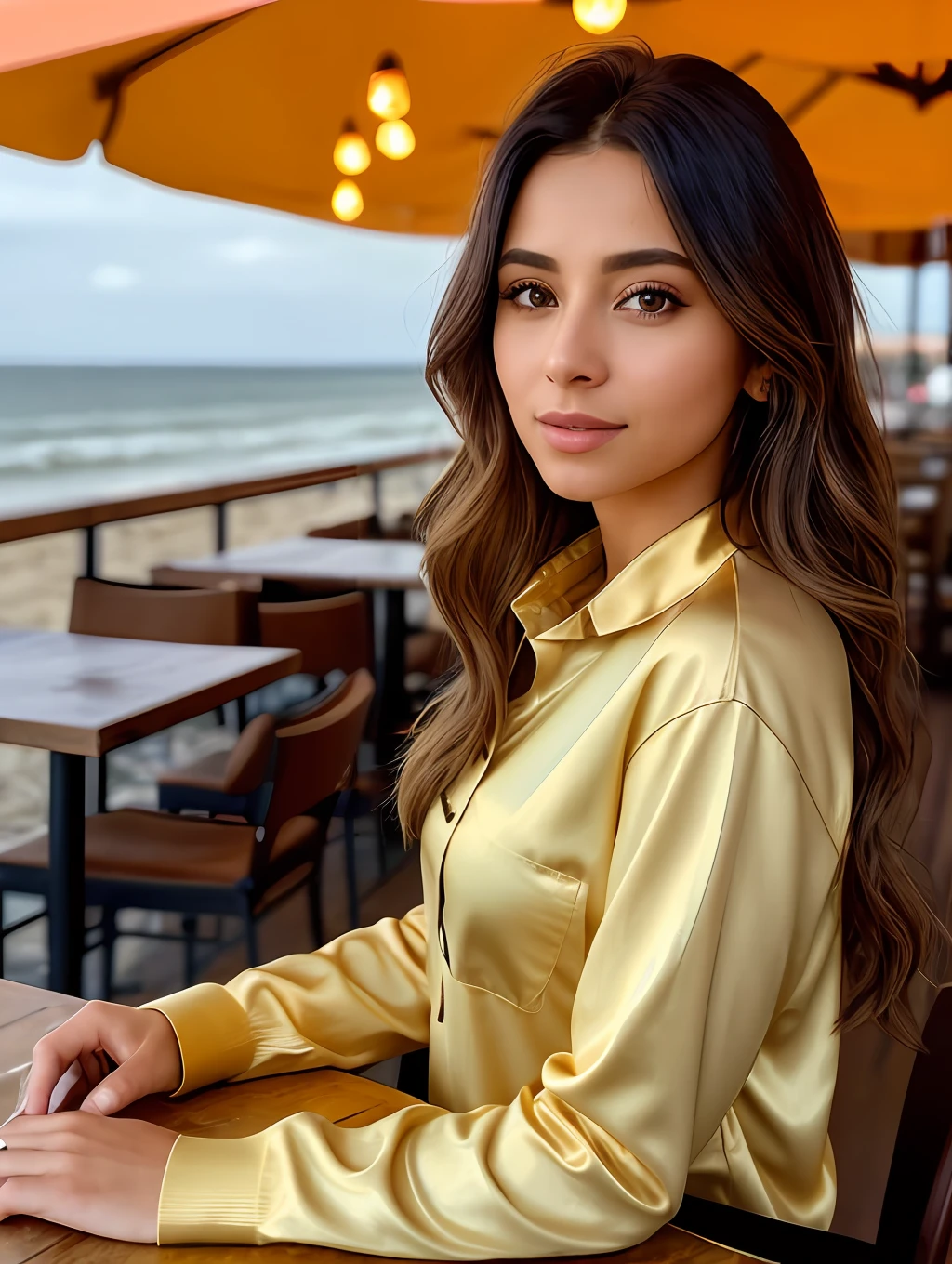 photo of (sh0hreh:0.99), a stunning beautiful young woman, hazel eyes, long messy windy light brown hair, closeup zoomed in tight crop portrait, sitting at a (table on a seaside boardwalk cafe bar drinks cocktails:1.2) wearing a (red designer long sleeve shirt:1.3) (drinks on table:1.3) (Lighting-Gold:1.2) foreground objects background details (masterpiece:1.2) (photorealistic:1.2) (bokeh:1.2) (best quality) (color grading) (detailed skin:1.3) (intricate) (8k) (HDR) (cinematic lighting:1.3) (sharp focus), messy windy hair