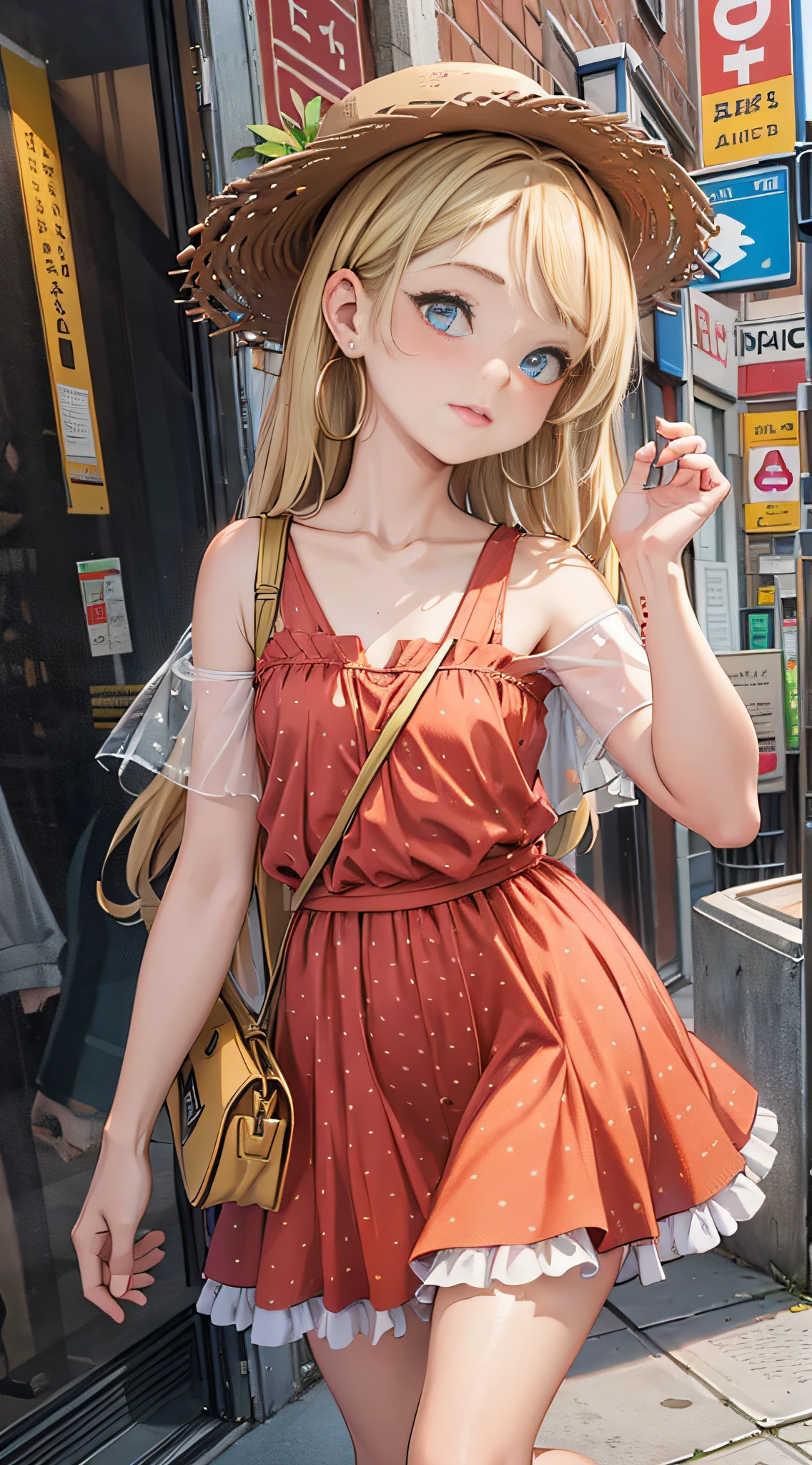 masterpiece, best quality,3girl,young girl, grapefruit eyes, ash blonde, long hair,unstable _face,shiny skin,flat chest,nice leg line:1.3,thick thighs, thin waist,, Red_polka_dot_wrap_dress, white_platform_espadrilles, woven_tote_bag, straw_hat, gold_hoop_earrings, cityscape,looking at viewer,from above:1.2,dynamic angle