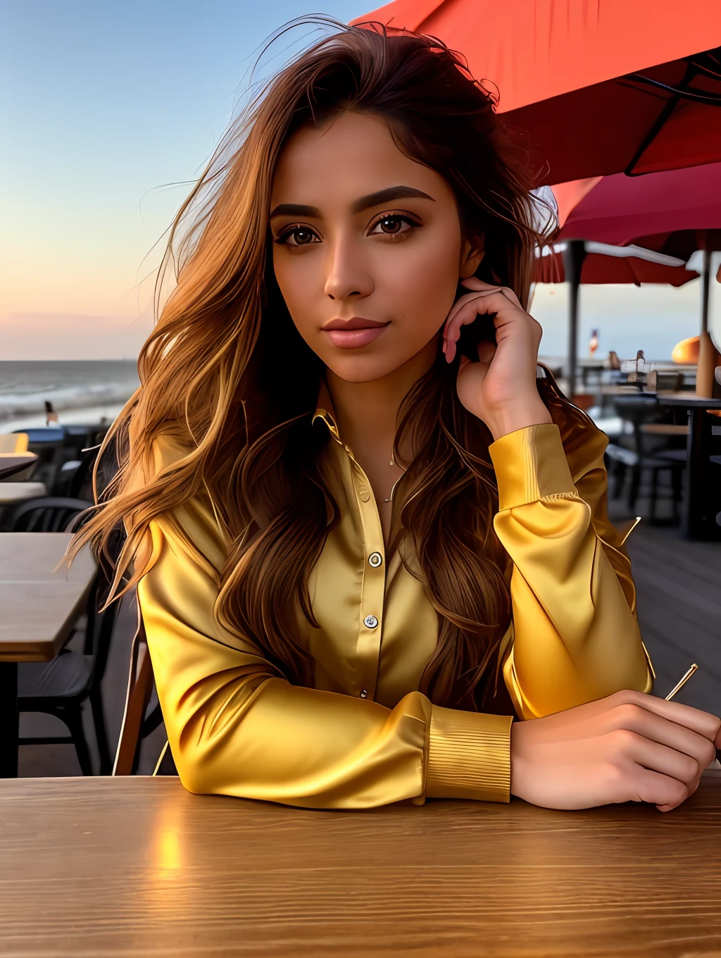 photo de (SH0HREH:0.99), une superbe et belle jeune femme, des yeux noisette, longs cheveux châtain clair, venteux et en désordre, gros plan zoomé sur un portrait de culture serré, assis à un (table sur une promenade en bord de mer café-bar boit des cocktails:1.2) porté un (chemise de créateur rouge à manches longues:1.3) (boissons sur table:1.3) (Éclairage-Or:1.2) objets de premier plan détails d&#39;arrière-plan (chef-d&#39;œuvre:1.2) (photoréaliste:1.2) (bokeh:1.2) (meilleure qualité) (dégradé de couleurs) (peau détaillée:1.3) (complexe) (8k) (hdr) (éclairage cinématographique:1.3) (netteté), cheveux venteux en désordre