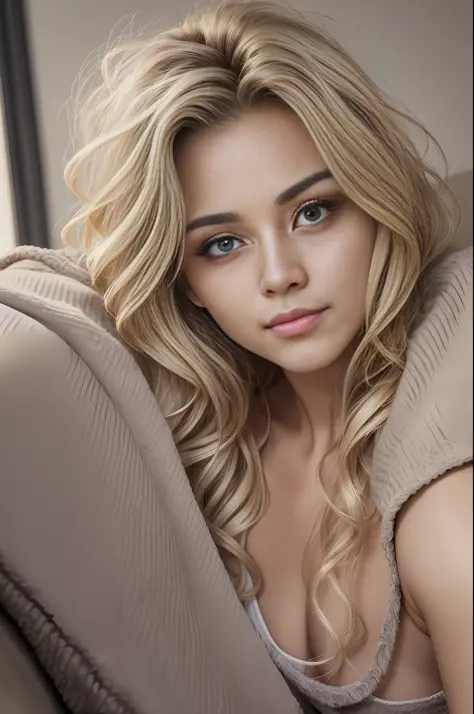 Uma mulher jovem e bonita, blonde hair that falls gently in waves up to the  shoulders, altura mediana, olhos grandes e verdes, pele clara - SeaArt AI