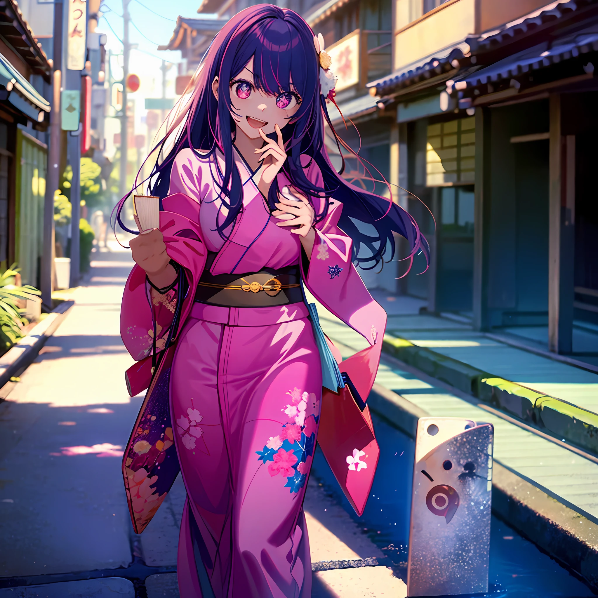 (Best Quality, Masterpiece), Ai Hoshino, 1girl:1.3, (Crazy Smile:1.2) , Bangs , Full body, hands on face, purple and pink color scheme, Open mouth, (Round eyes:1.2), Glowing eyes, Left star eyes, Star eyes, Pink eyes, Colorful kimono, Japan sword, holding weapons, looking at the beholder, beautiful detailed face, smile, teeth, barefoot, sunlight, lots of lighting, Japan, shopping street,
