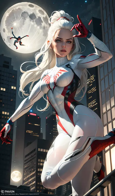 (Masterpiece, 4k resolution, ultra-realistic, very detailed), (White superhero theme, charismatic, there's a girl on top of town, wearing Deadpool costume, she's a superhero), [ ((25 years), (long white hair:1.2), full body, (blue eyes:1.2), ((Spider-Man p...