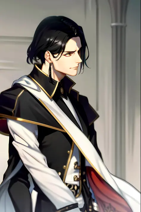 masterpiece, best quality, highres, 1boy, solo, emet selch, white streaked hair, black hair  photorealistic, serious