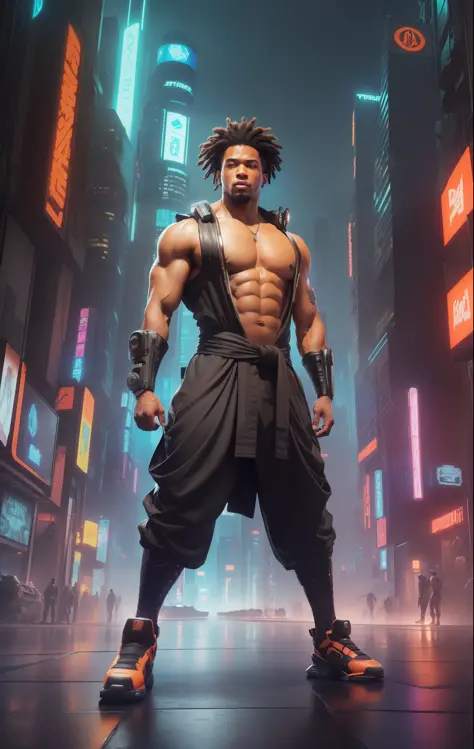 (
    (Character: 1 man, 20 years old, afro-american:1.4, short hair, dreadlocks, strong muscular man)
    (Hakama:1.3, pectoral...