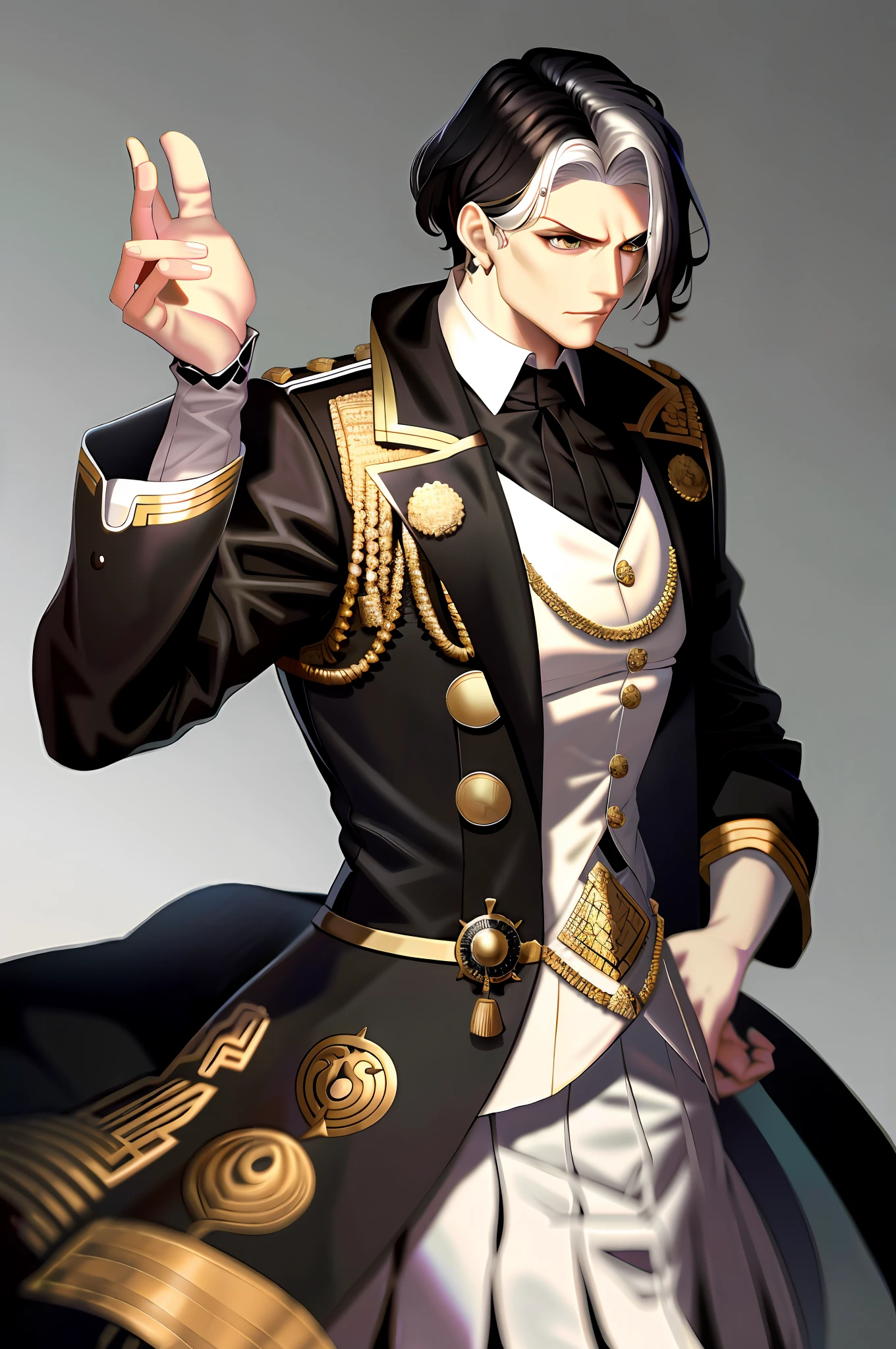 masterpiece, best quality, highres, 1boy, solo, emet selch, white streaked hair, black hair  photorealistic, serious