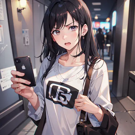 The black-haired girl looked at the phone and was angry