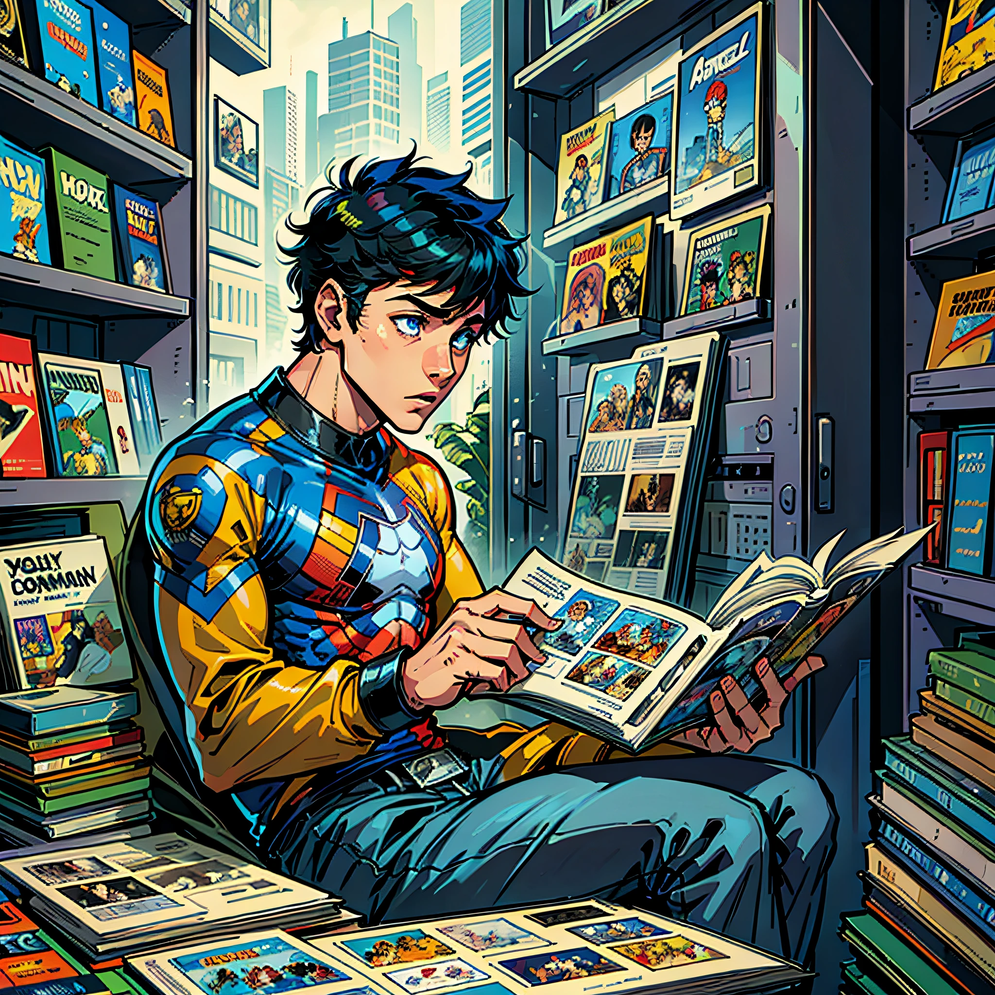 A boy reading a lot of comics at once --auto --s2