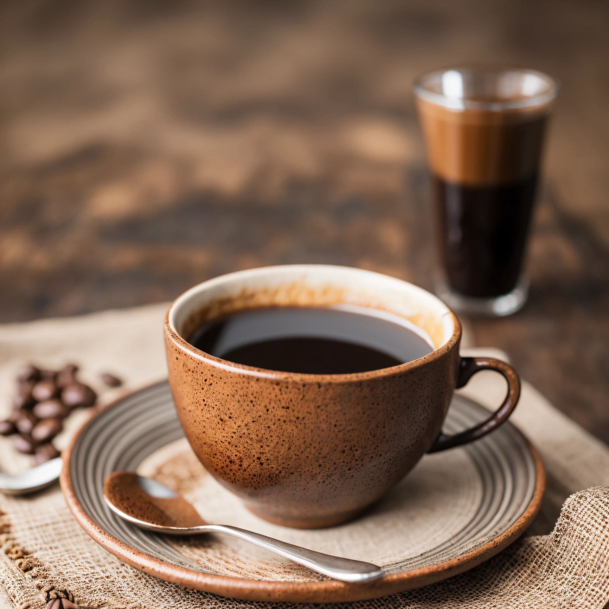 烘焙好的咖啡和咖啡豆铺在布上，配上一杯粘土咖啡，用 35mm HDR 超逼真微距相机拍摄 --auto --s2