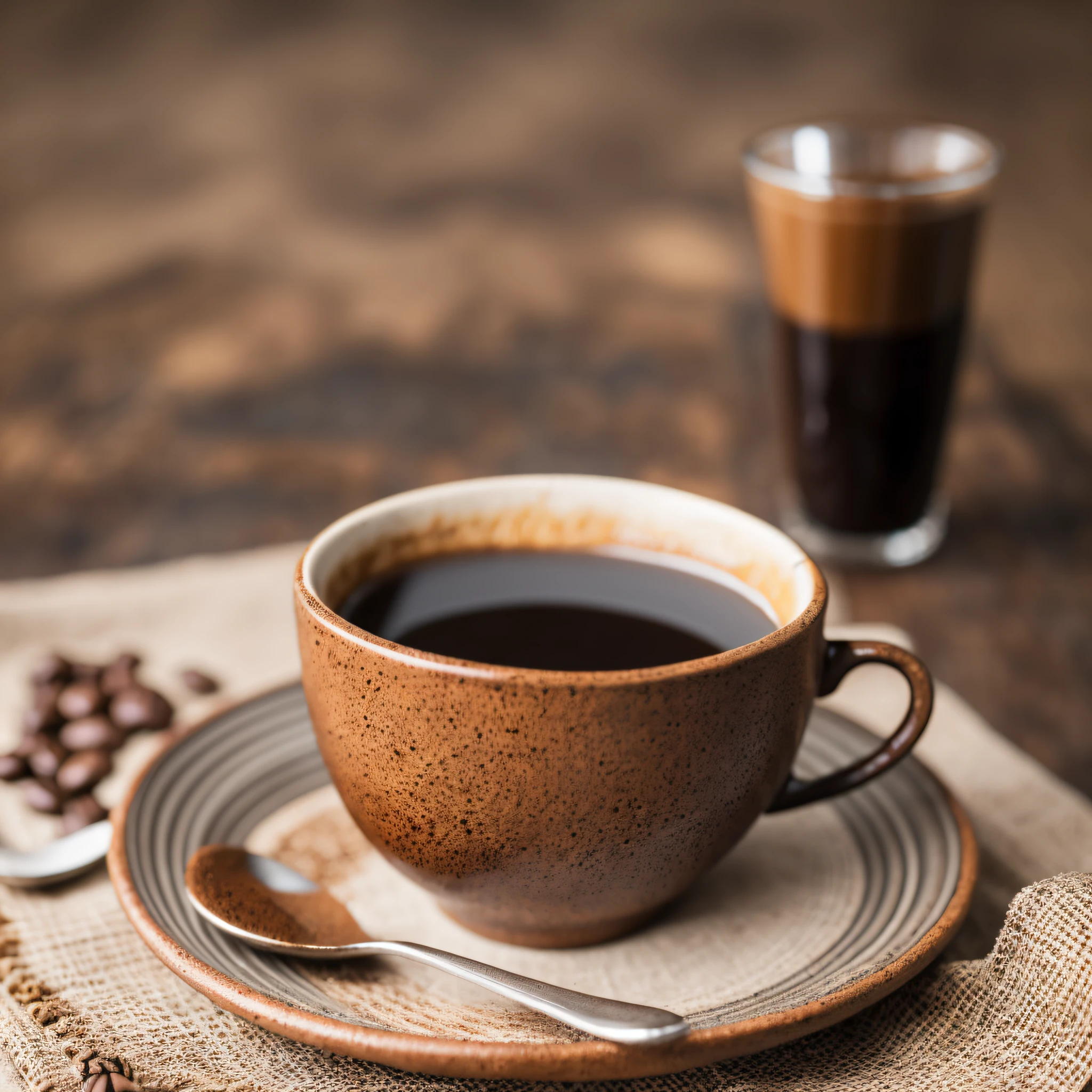 roasted coffee and beans spread over on a cloth with a cup of clay coffee photographed with a 35mm HDR ultra realistic macro camera --auto --s2