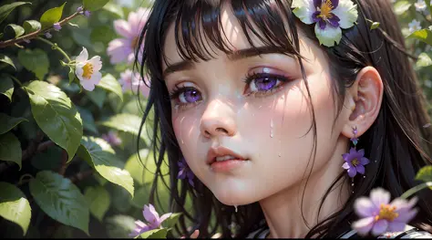 a girl, solo, flowers, portrait, leaves, bangs, black hair, long hair, purple eyes, flower earrings, (crying) 4k resolution, hig...