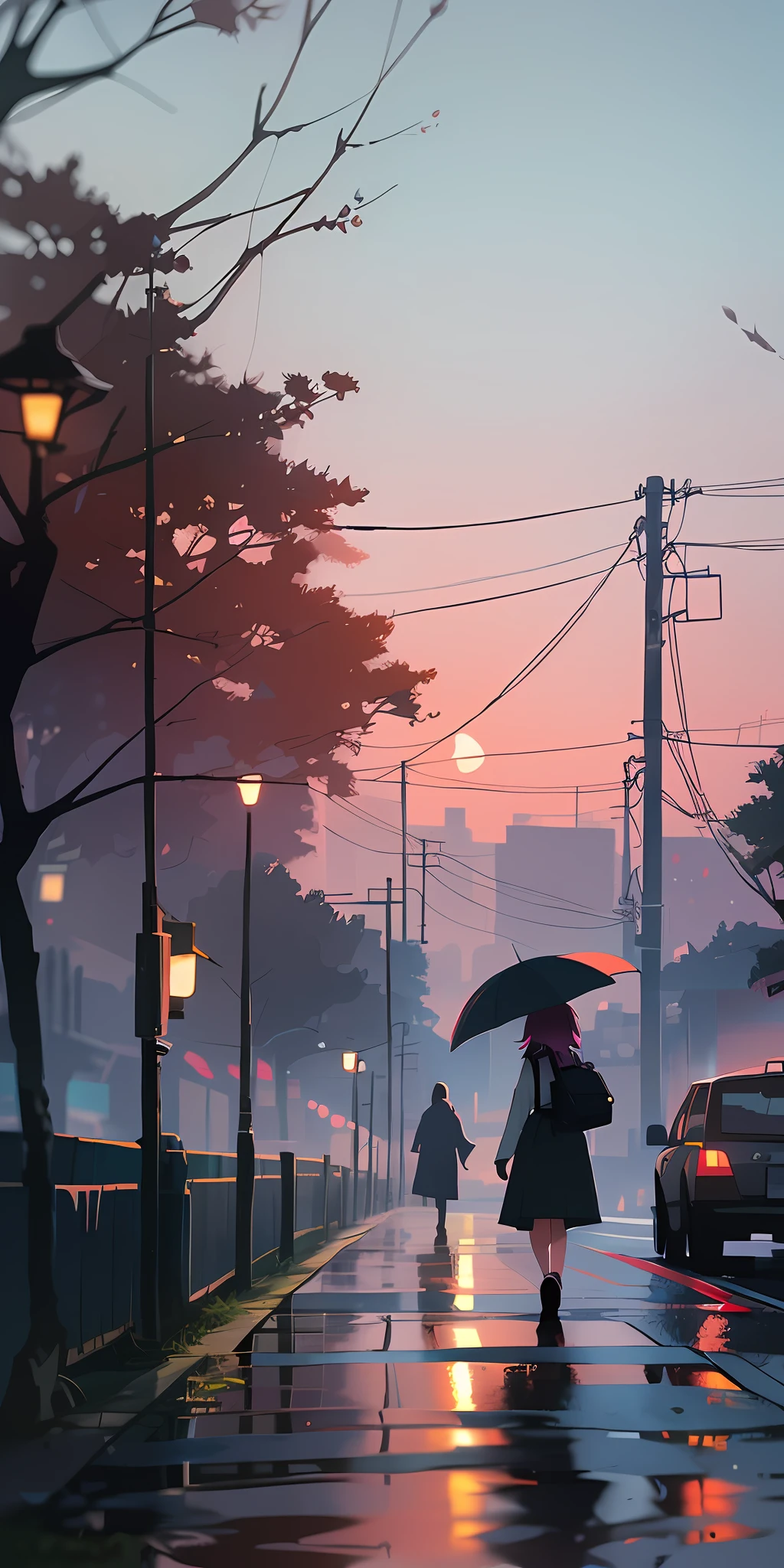 there is a woman walking down the street with an umbrella, tokyo anime ...