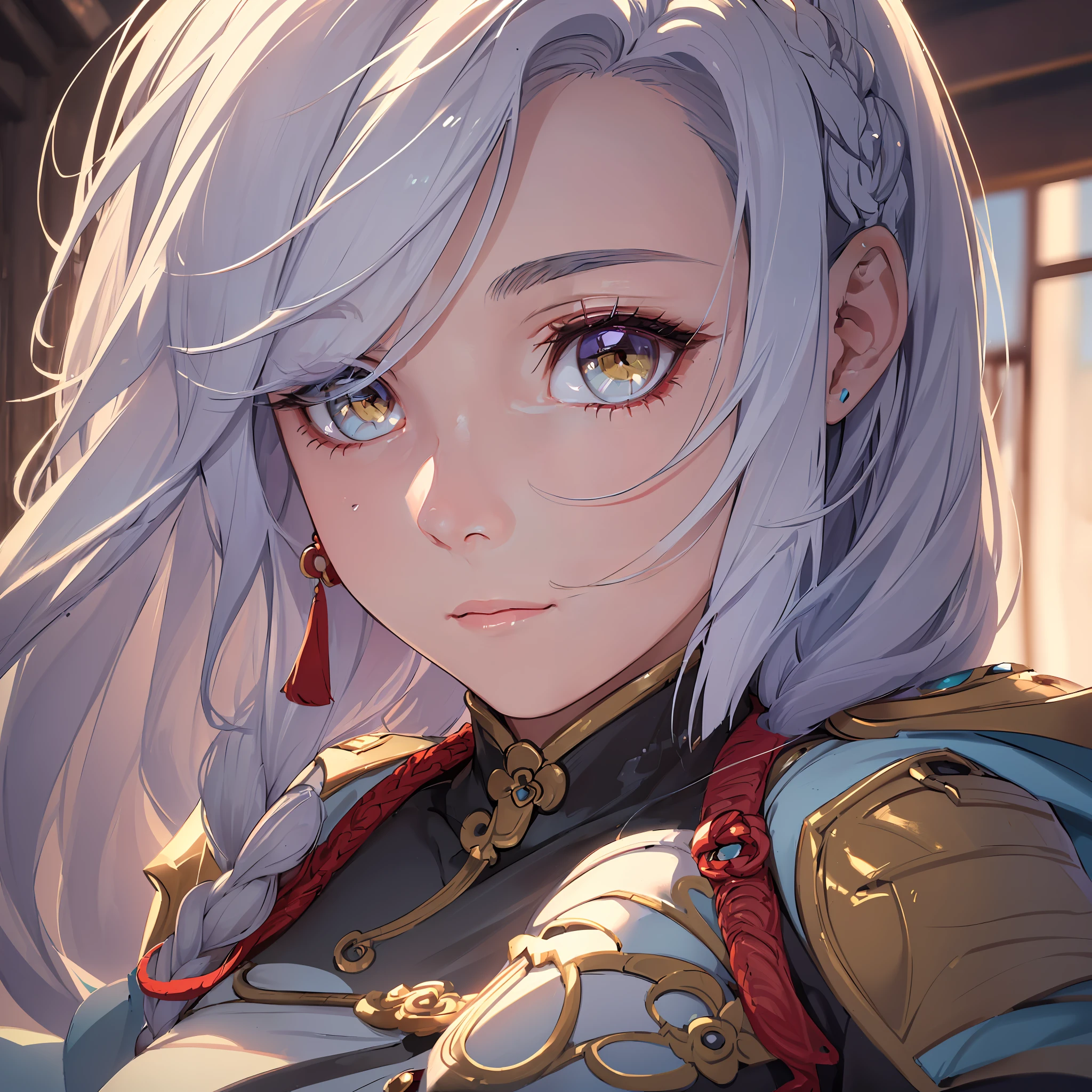 "(Shenhe in close-up, eye details and reflection, masterpiece, best quality, ultra-detailed, illustration, close-up portrait, 1 girl, with extremely detailed face and eyes, colored hair, yellow eyes, strong expression, high resolution, soft lighting)"
