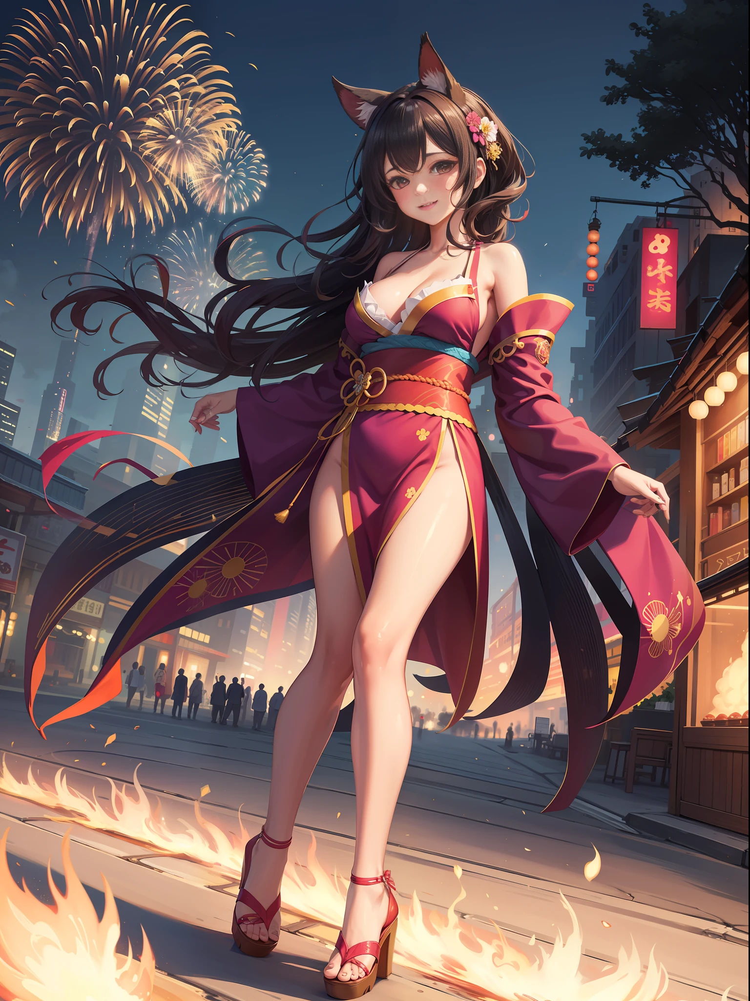 Strolling through the cityscape of the fireworks display:1.2, Food stalls, Colorful yukata robes, Kemono ears, Middle breasts, smile, Blushing,(Perfect body:1.1)、(Short wavy hair:1.2)Full-body shot,(Very elaborate CG 8K wallpaper),(Very delicate and beautiful),(Masterpiece)(Best quality):1.0),(Ultra High Definition:1.0),[High Definition], Detailed skins, Ultra Details ((Colorful)),