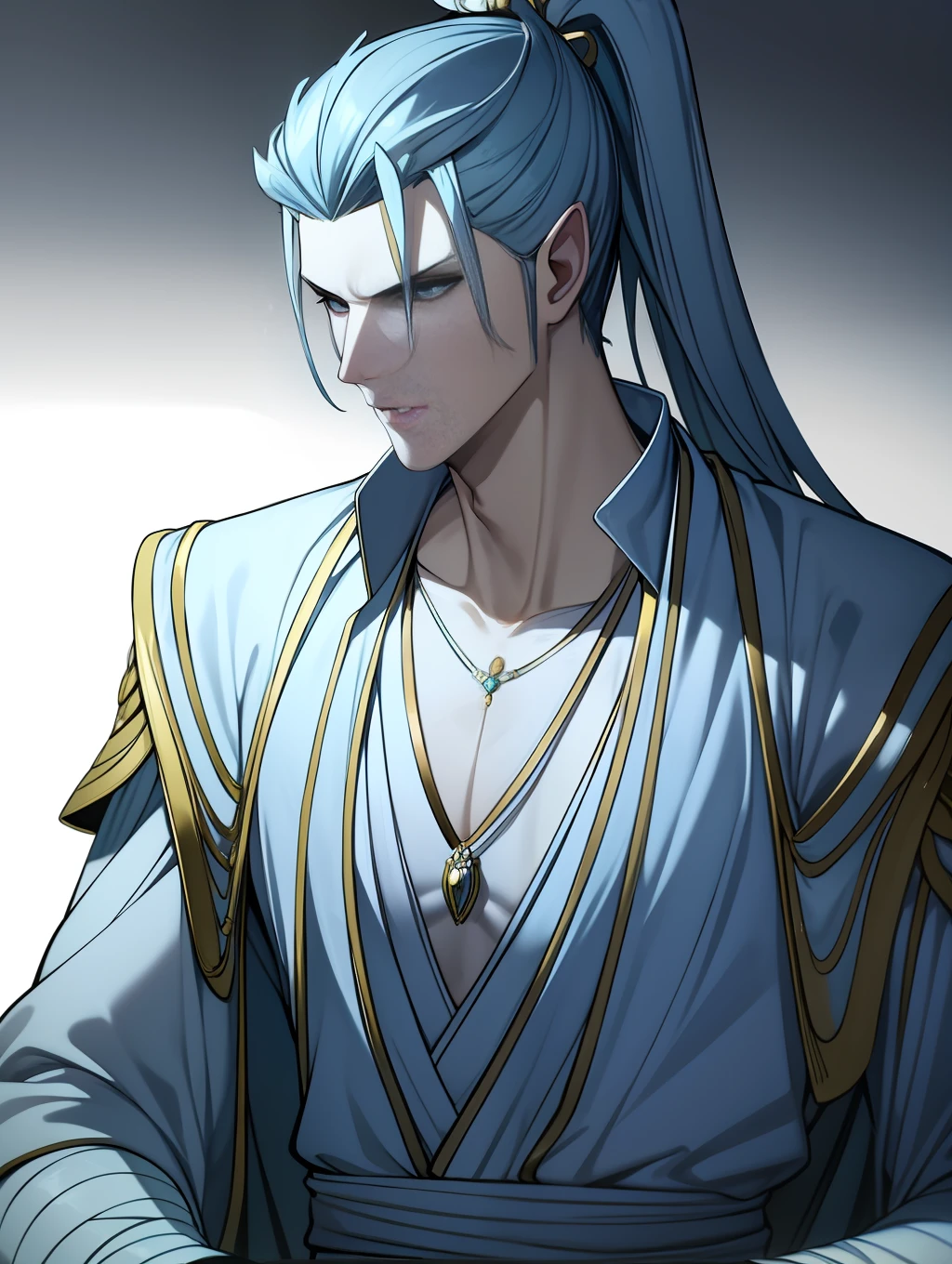 Handsome antique boy head, dashing, transparent cloth covering eyes, white bandage on hands, wearing earring necklace, blue tone, cold, silver hair, dark background