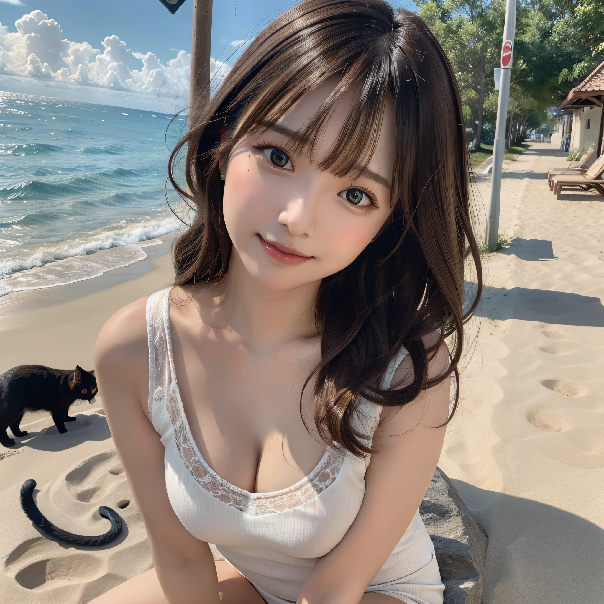 best quality, ultra high resolution, (photorealistic: 1.4), (detailed beautiful girl: 1.4), (medium breasts: 0.8), olhando_no_visualizador, detailed facial details, beautiful and detailed eyes, (brown hair), brown eyes, smile (makeup: 0.4), red lips, (full body, sitting, beach, high waves, ), very detailed clothes, (ulzzang-6500-v1. 1:0.3) \, cats, strong wind,