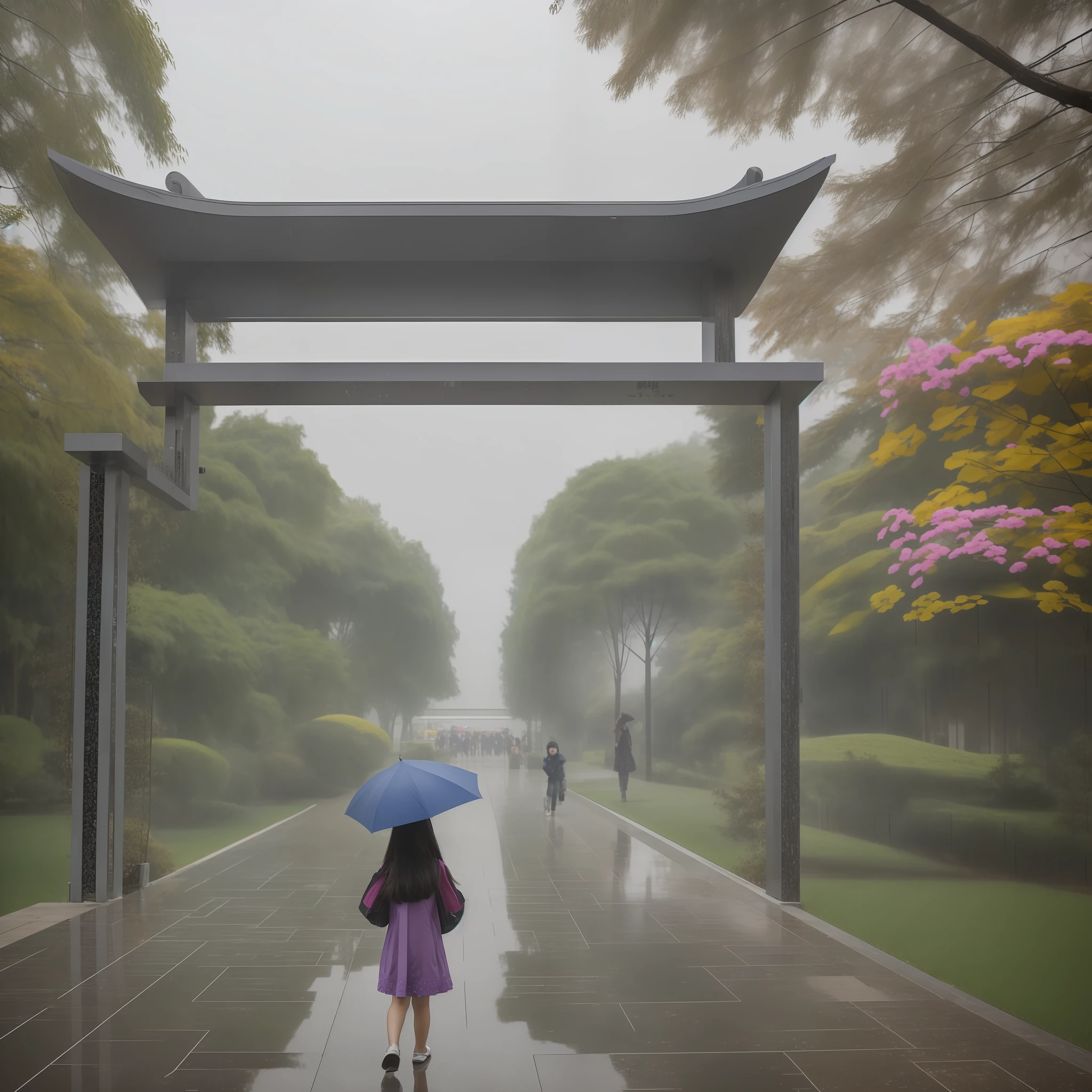 (meticulous and perfect), highest image quality, rich details, description of the entrance of Wuhan Technology and Business School, innocent and cute little girl, two-dimensional wind, looking up at the school gate, drizzling rain (wide lens), the overall effect is like a colorful painting, showing the yearning and curiosity of the unknown in the distance. --auto --s2