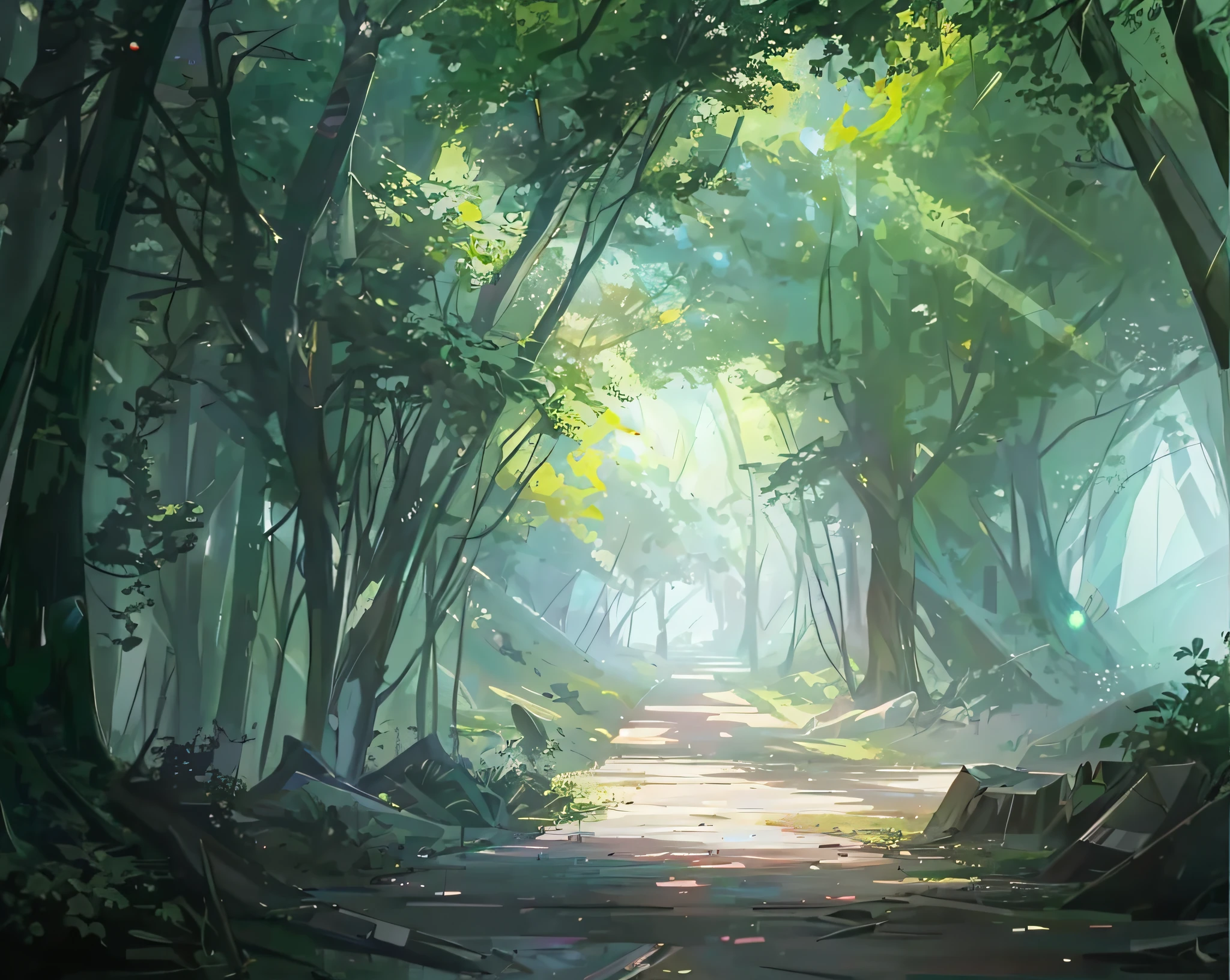 there is a path in the middle of a forest with a bird flying by, anime background art, ross tran. scenic background, beautiful anime scene, anime scenery concept art, beautiful concept art, anime beautiful peace scene, anime nature, concept art stunning atmosphere, relaxing concept art, style of raphael lacoste, beautiful anime scenery, 4k hd matte digital painting
