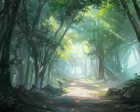 there is a path in the middle of a forest with a bird flying by, anime background art, ross tran. scenic background, beautiful a...