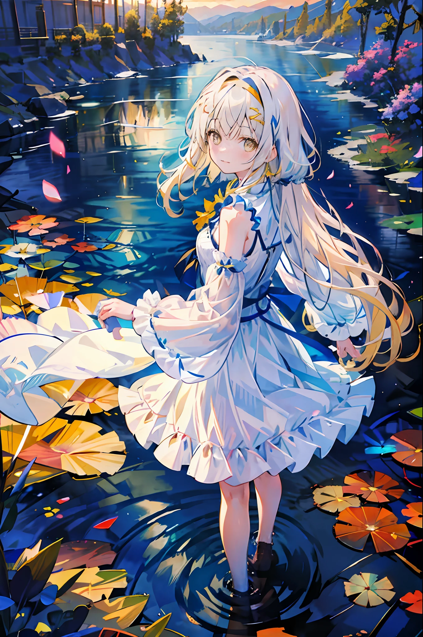 (Highest picture quality), (Master's work),(Detailed eyes description),(Detailed face description)(back view), 1girl, yellow eyes, shiina mahiru, yellow hair,(very long hair),very long hair (floating in the wind), back-view, looking back, hair ornament, flower hair ornament. head band, ribbon, white dress, visible shoulders, blush, pond, petals (lens flare), walking on pond, water reflection, pond, cleavage, medium breast, aurora sky, night sky, galaxy sky, horizon, mountains, forest, moon, (cover-style:1.3), fashionable, woman, vibrant, posing, front, colorful, dynamic, background, elements, shy, expression, holding, statement, accessory, majestic, coiled, around, touch, scene, attention-grabbing, catchy, modern, trendy, focus, fashion, realistic lighting, extreme blushing