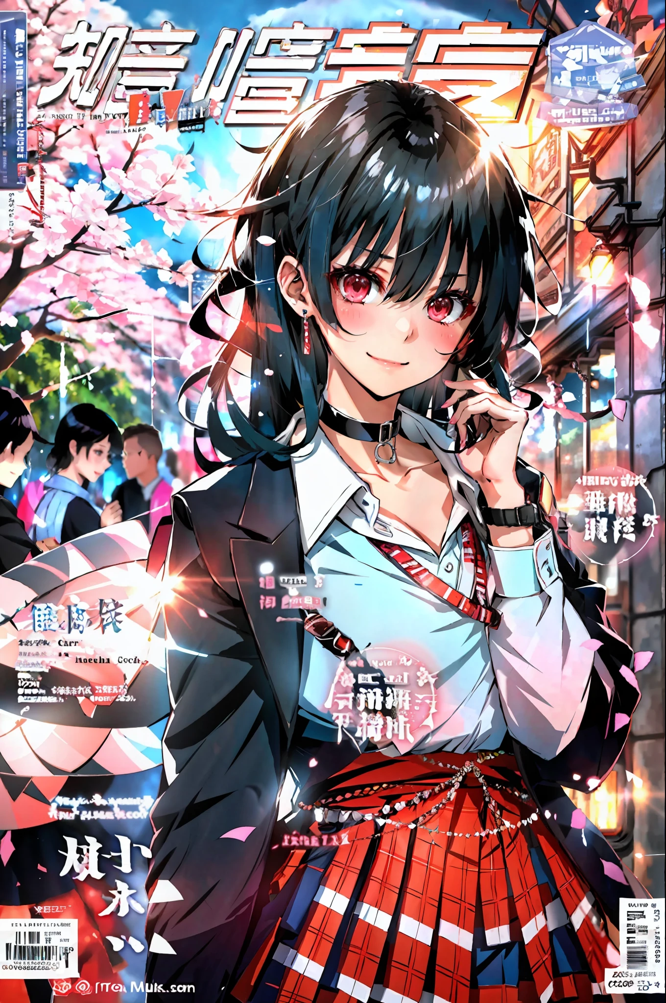 masterpiece, best quality, full body, 1girl, bangs, black choker, black necktie, black hair, blue skirt, blush, bracelet, breasts, choker, clothes around waist, collarbone, collared shirt, cowboy shot, dress shirt, ear piercing, eyebrows visible through hair, gradient hair, grin, gyaru, jewelry, kogal, long hair, looking at viewer, loose necktie, necktie, piercing, plaid, plaid skirt, pleated skirt, red eyes, ring, school uniform, shirt, skirt, smile, solo, white shirt, street, sky, cherry blossoms, petals,illustration, (magazine:1.3), (cover-style:1.3), fashionable, woman, vibrant, outfit, posing, front, colorful, dynamic, background, elements, confident, expression, holding, statement, accessory, majestic, coiled, around, touch, scene, text, cover, bold, attention-grabbing, title, stylish, font, catchy, headline, larger, striking, modern, trendy, focus, fashion,