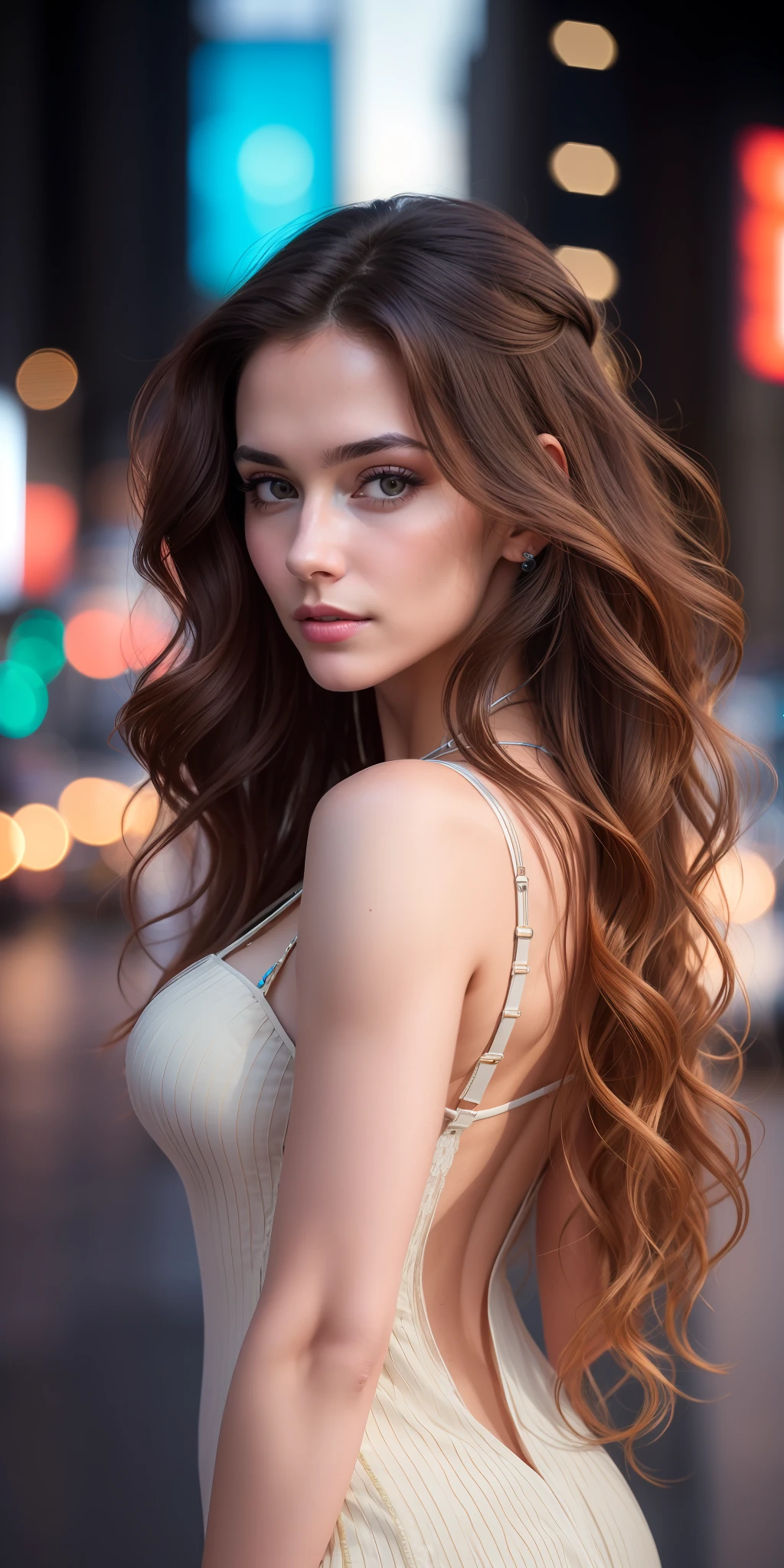Full face portrait photo of a 25-year-old European girl, RAW, beautiful woman, semi-open strawberry lips, dimples, wistful look, (extra long wavy brown hair), ((detailed face)), ((detailed facial features)), (finely detailed skin), pale skin, (deep neckline detailed high-tech cyberpunk dress), cyberpunk megacity environment, (cool colors), damp, damp, reflections, (masterpiece) (perfect proportion)(realistic photo)(best quality)  (detailed) shot on a Canon EOS R5, 50mm lens, F/2.8, HDR, (8k) (wallpaper) (cinematic lighting) (dramatic lighting) (sharp focus) (intricate),RAW photo, gigachad photo, posing for camera, 8k uhd, dslr, high quality, grain film, Fujifilm XT3