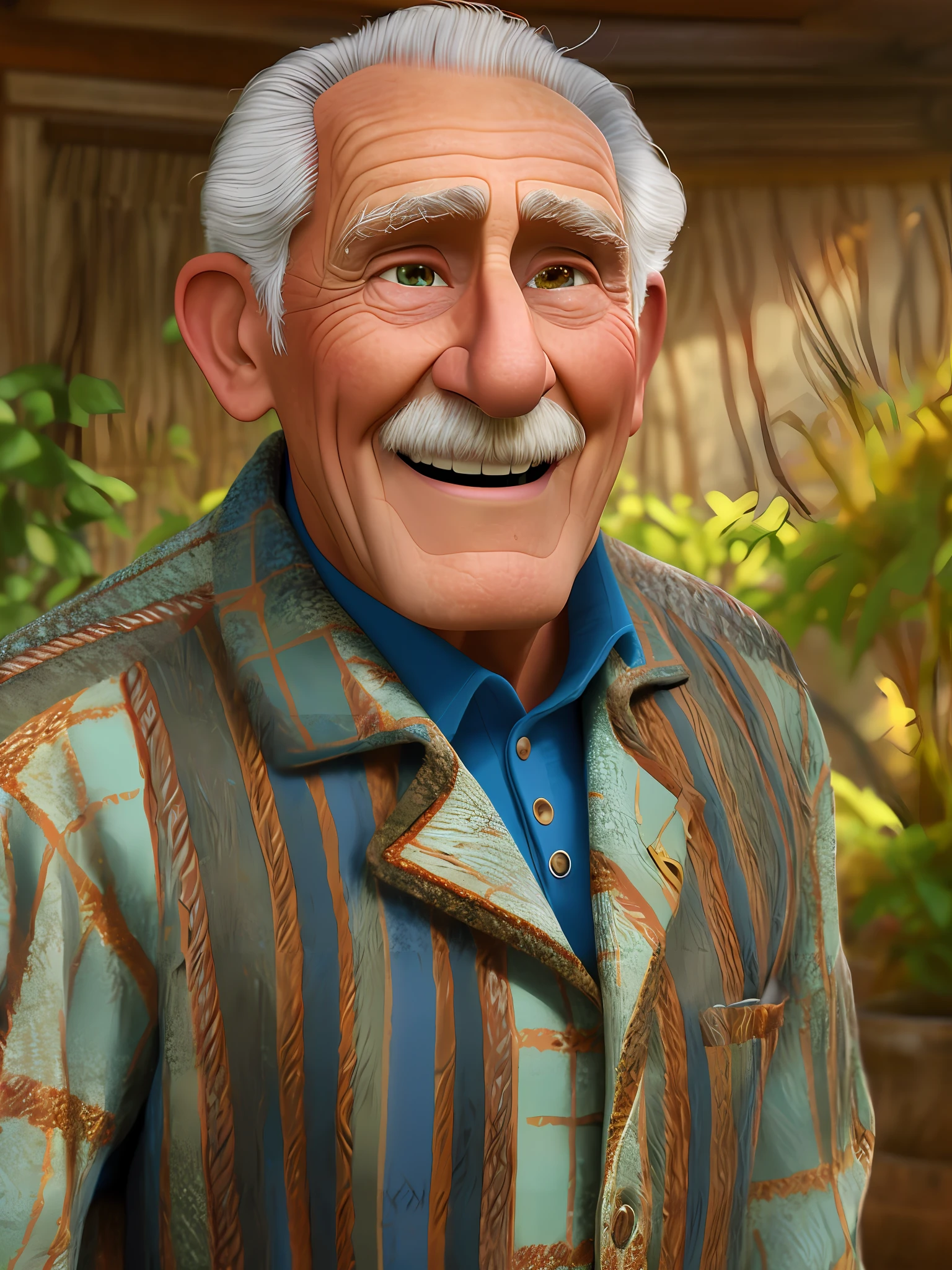 Pixarstyle Портрет пожилого мужчины в социальной одежде высотой по пояс., улыбка, Естественная текстура кожи, 4к текстуры, HDR, сложный, очень подробный, острый фокус, кинематографический вид, сверхдетализированный