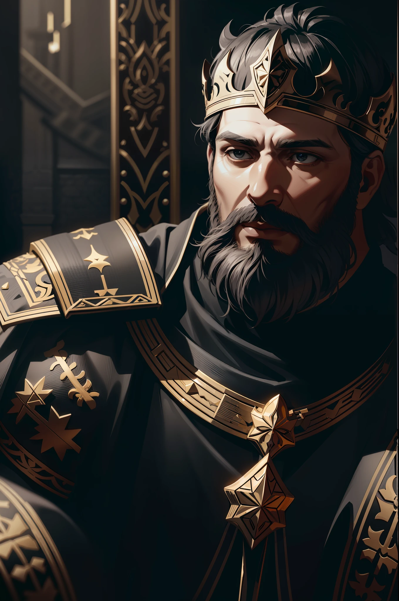 best quality, 500px, cgsociety, 8k, raw photo of (beautiful:1.2) human king, wear king crown, king armor, 40yo, beard, in castle, full body, ambient light, backlight, volumetric lighting, realistic, realistic lighting, cinematic lighting, depth of field, sharp focus, (high contrast:1.2), (film grain)