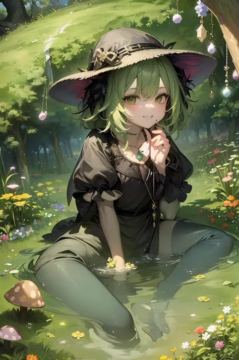 anime girl sitting in a field of flowers with a hat on, guweiz on pixiv artstation, guweiz, guweiz on artstation pixiv, artwork in the style of guweiz, trending on artstation pixiv, anime style 4 k, detailed digital anime art, from touhou, 8k high quality ...