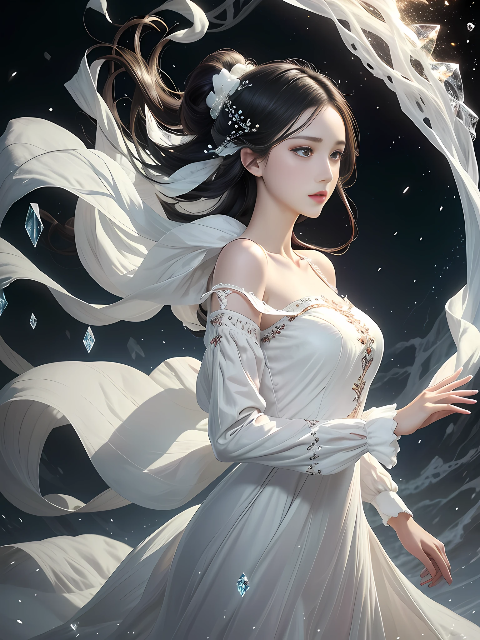 (Masterpiece, Top Quality, Best, Official Art, Beautiful and Aesthetic, Long Exposure: 1.2), Smooth Movement, Charming Patterns, 1 Girl, (Long Dress with Sleeves: 1.3), (((White Clothes) )), upper body close-up, bare shoulders, Chinese girl, blush, black lob hair, portrait, solo, upper body, looking at the observer, detailed background, detailed face, (crystallineAI, crystalline theme:1.1), elemental wind elves, rotation Wind, control the wind, white crystal clothing, dynamic pose, floating particles, ethereal dynamics, whirlwind, vapor, whirlwind in the background, white tone, whirlwind, ethereal atmosphere,