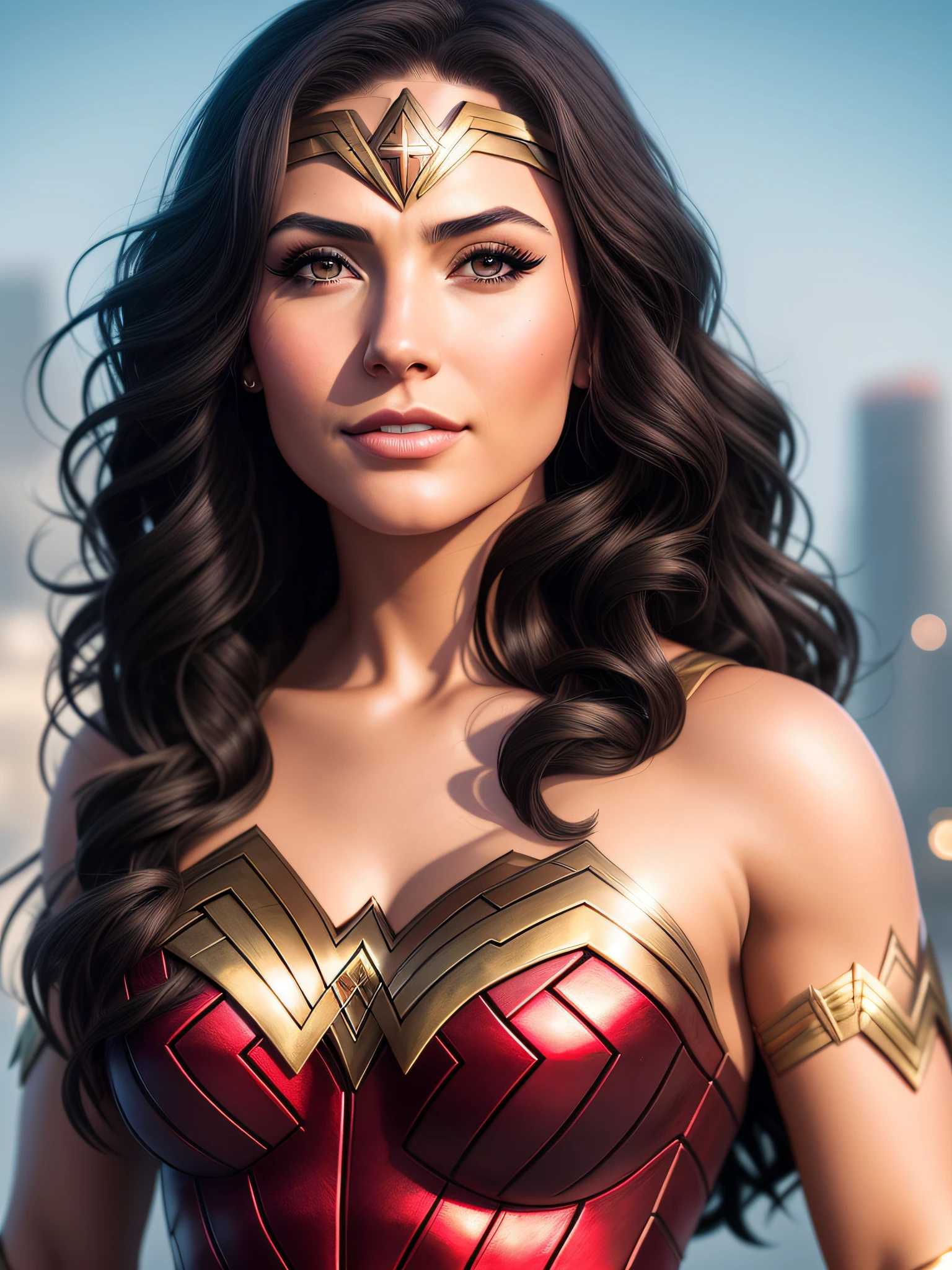 A closeup of a woman in a wonder woman costume posing for a photo, superhero portrait, wonder woman, 8K Artgerm Bokeh, Wojtek Fus, superhero art, super realistic photo, artgerm portrait, stunning digital illustration, 4K realistic digital art, 4K realistic digital art, closeup character portrait, artgerm. High detail