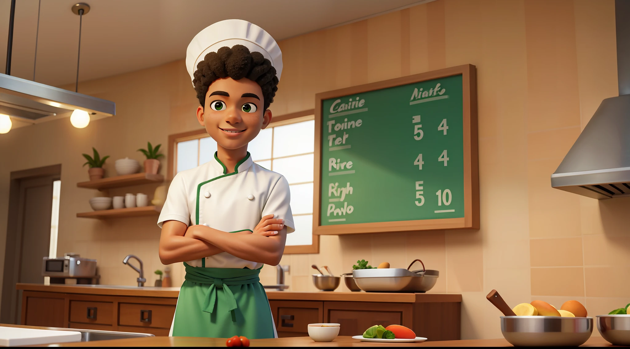 young 18 years ,name Toni, origin brazil, male, afro,shaved hair,nche.wearing a chef outfit smiling with arms crossed background infinite green blurred,cinimetografico,60,30,10