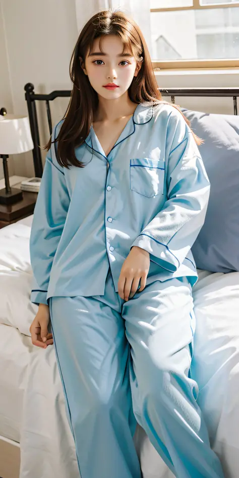 Sleeping girl, 18 years old, realistic, she is wearing long pants, blue ...