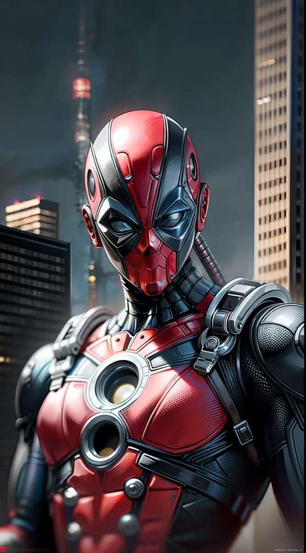 Deadpool from Marvel photography, biomechanical, hyper-realistic, insane small details, extremely clean lines, cyberpunk aesthet...