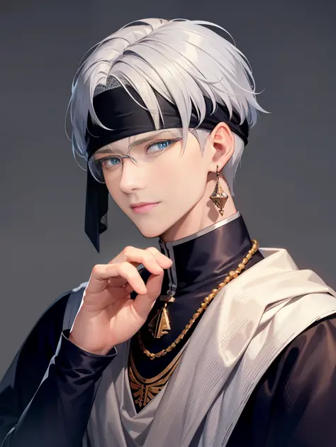 Handsome antique boy head, dashing, cloth blindfolded, white bandage on hands, wearing earring necklace, blue tone, cold, silver...