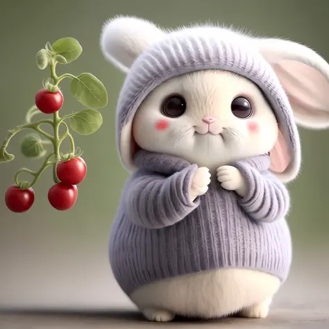 : 3。 Rabbit, realistic, furry animal, apple, dark circles, blush, cherry, food, fruit, full body, hat, non-human, tomato, watermelon