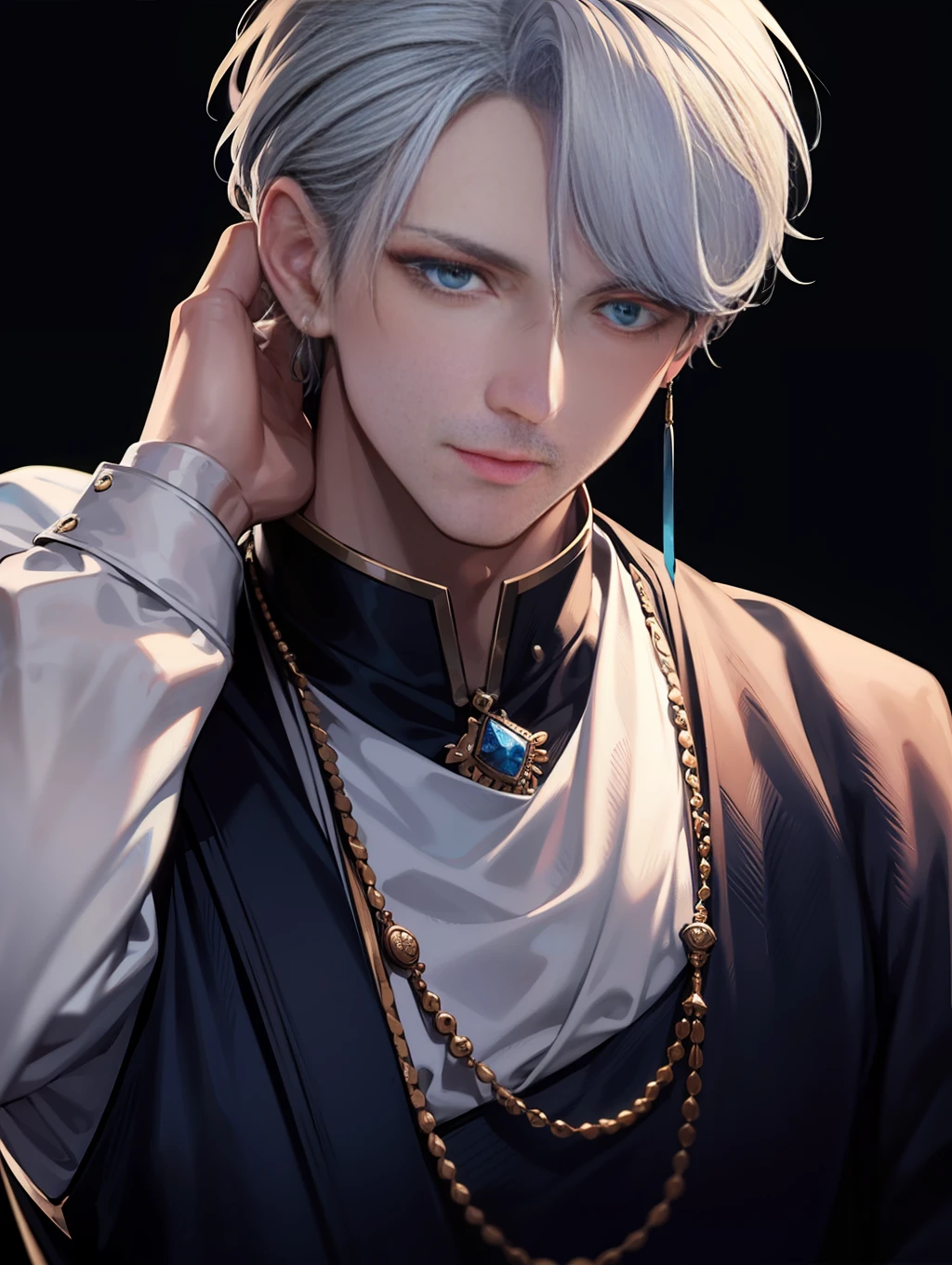 Handsome antique boy head, dashing, cloth blindfolded, white bandage on hands, wearing earring necklace, blue tone, cold, silver hair, face closeup, dark background, portrait