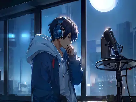 anime boy in a recording studio with headphones on, nightcore, anime wallpaper 4 k, anime wallpaper 4k, high quality anime artst...