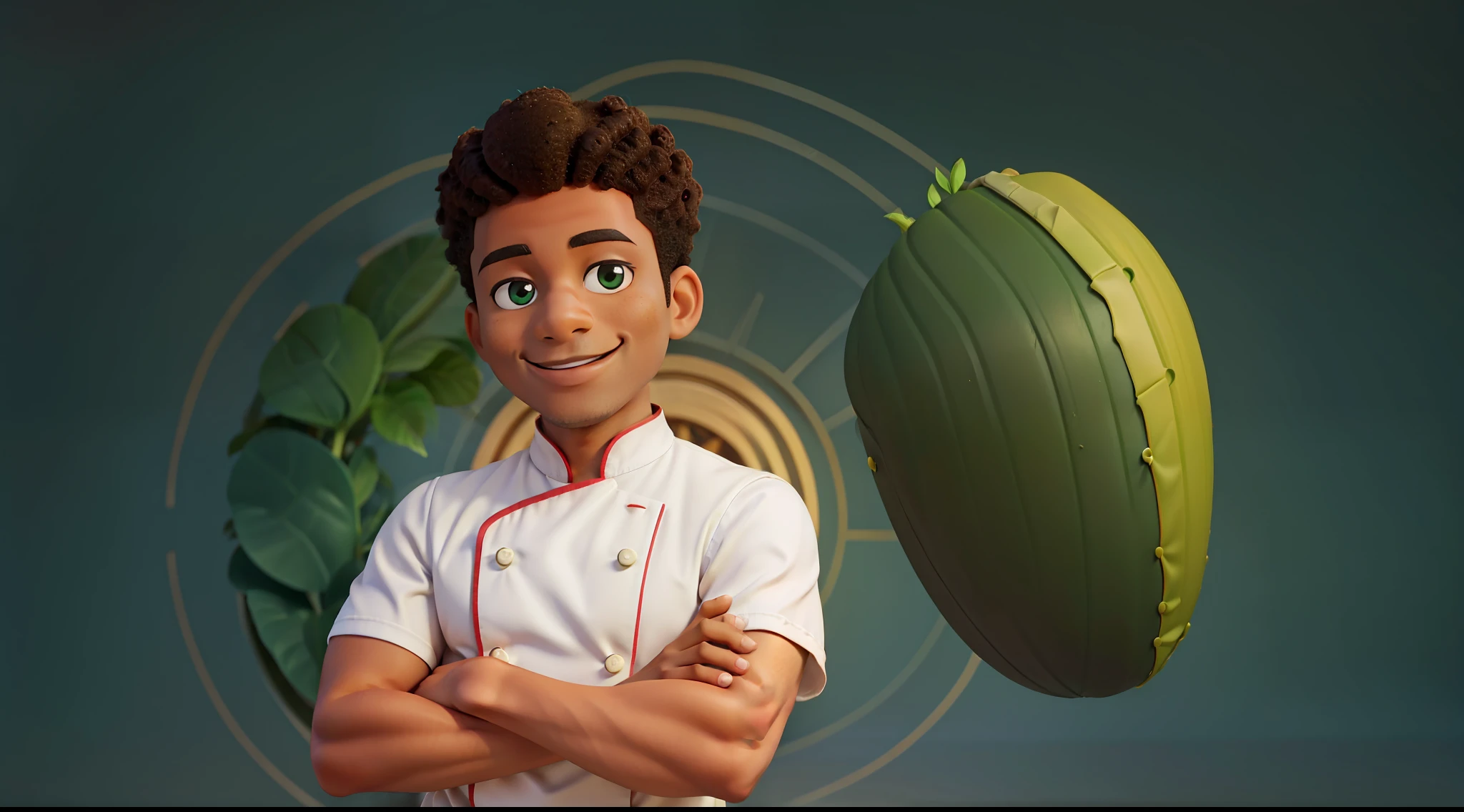 joven de 28 años, nombre toni, origen brasil, male, afro, piel satinada, vistiendo un atuendo de chef sonriendo con los brazos cruzados y un gorro de chef, fondo borroso verde infinito