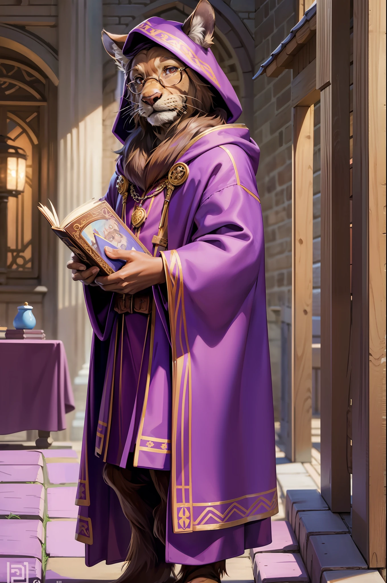 old, male, brown fur, smiling, holding a book, purple eyes, round glasses, purple robes, purple hood, masterpiece