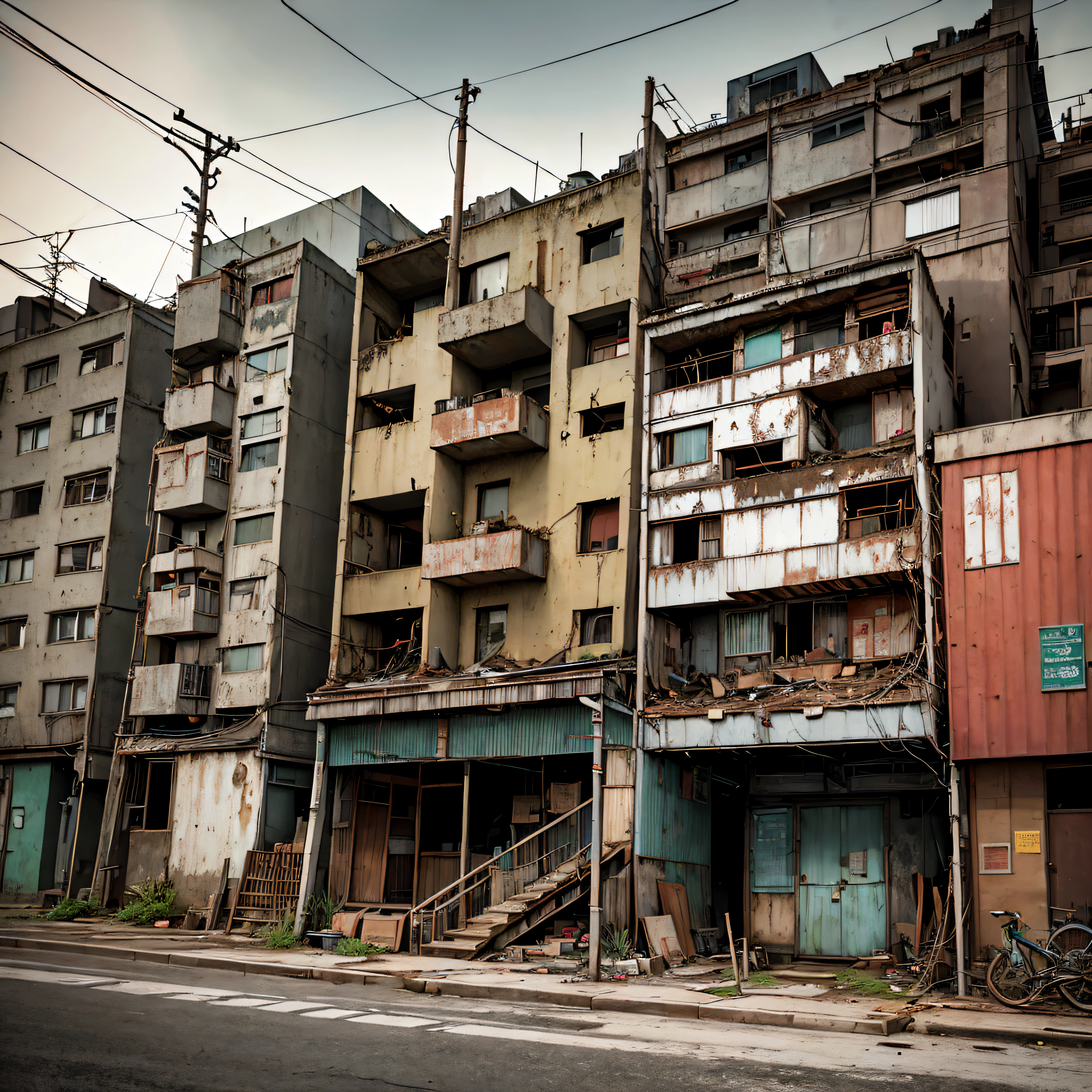 Casa abandonada, Apartamento Dojunkai ilustraciones surrealistas y muy detalladas., Perspectiva externa, imagenes con objetos muy cargados, perspectiva desde abajo, escaleras de cemento sucias con grietas, botes de basura verdes, Letreros Metálicos, cables, poles, oxidado pipes, tubos de pared, electriciudad meters, Paredes grises y oscuras, Cajas vacias, papel viejo en el suelo, pintura de pared dañada, metal and oxidado scrap, partes mecánicas (oxidado, marrón), publicidad muy detallada en paredes de neón, luces de foco, ambiente artificial y estéril, Niebla y humo bastante espeso, sombras de paisaje muy oscuras, luces de neón rojas y verdes, húmedo, Charcos que reflejan la tenue luz ambiental, de madera, exterior, edificio, ciudad, noche, tiempo dorado, juguetes, lindo --auto --s2