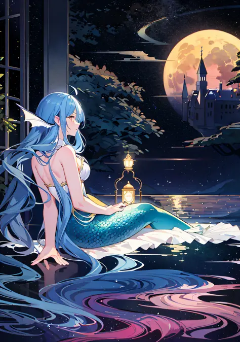 ((masterpiece, highest quality, best quality)), picture of a mermaid sitting on the shore against the background of delicate sea...