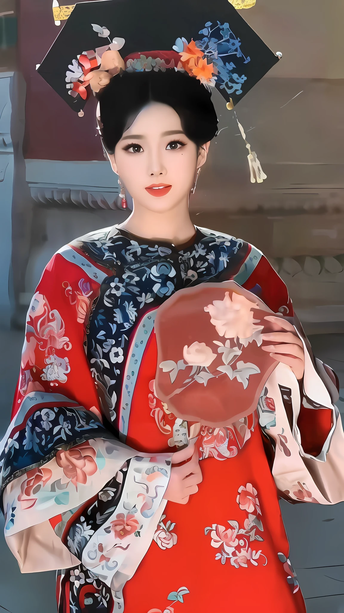 Mujer Araki con vestido rojo, sosteniendo un paraguas rojo y azul, palacio, chica en hanfu, wearing ancient traje chino, con ropa china antigua, belleza tradicional, chino tradicional, ancient princesa china, traje chino, reina china, traje tradicional chino, princesa china, Inspirado por Qiu Ying, vistiendo ropa de seda preciosa, Estilo chino, antigua belleza china, calidad de imagen súper alta, Alta resolución, 8K,