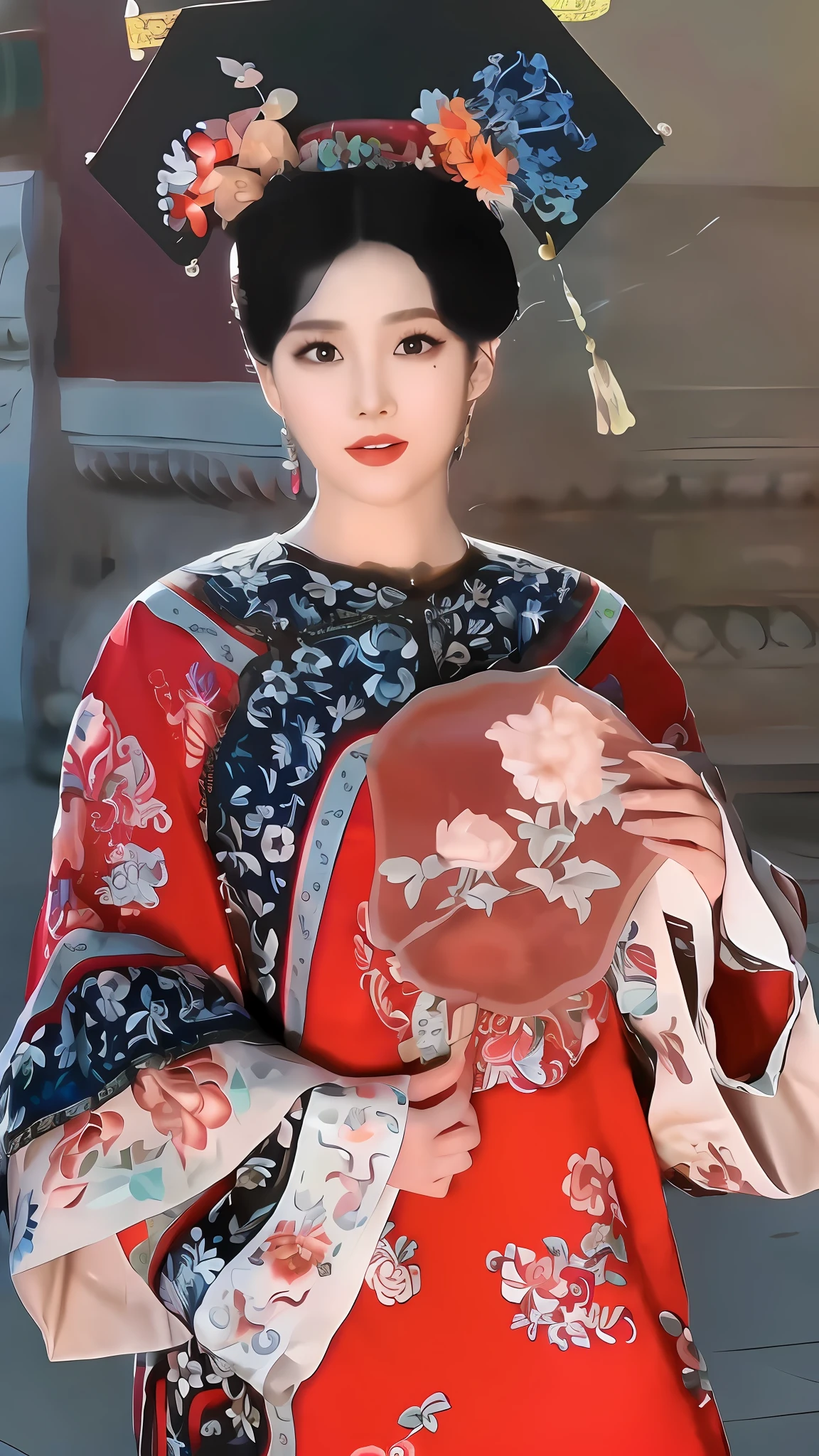 Mujer Araki con vestido rojo, sosteniendo una sombrilla roja y azul, palacio, chica en hanfu, wearing ancient traje chino, con ropa china antigua, belleza tradicional, chino tradicional, ancient princesa china, traje chino, reina china, traje tradicional chino, princesa china, Inspirado por Qiu Ying, vistiendo ropa de seda preciosa, Estilo chino, antigua belleza china, calidad de imagen súper alta, Alta resolución, 8K,