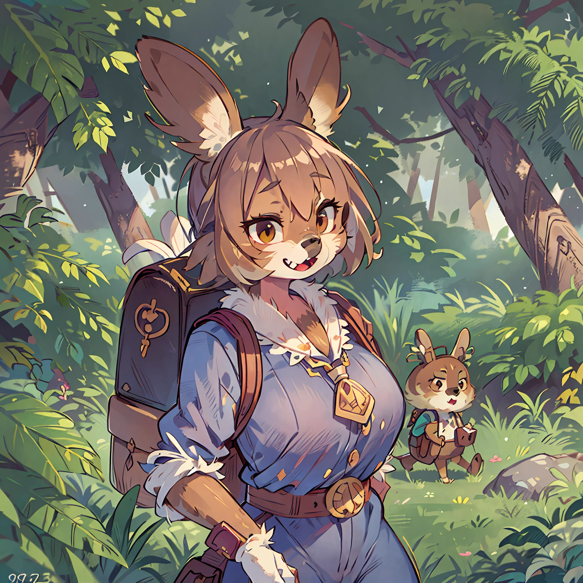 super fine illustration, best quality, summer outfit, outdoor, magazine cover, upper body, contrapposto, backpack, badge, bag, bag charm, bookbag, handbag, pocket, pouch(Highly Detailed Beautiful Face and Eyes) absurdres, Perfect Anatomy((furry girl))(((furry)))(furry anthro:1.7)((rabbit Facial Features, rabbit Body Features))((rabbit ears, Highly Detailed Body Fur))joyful smile,