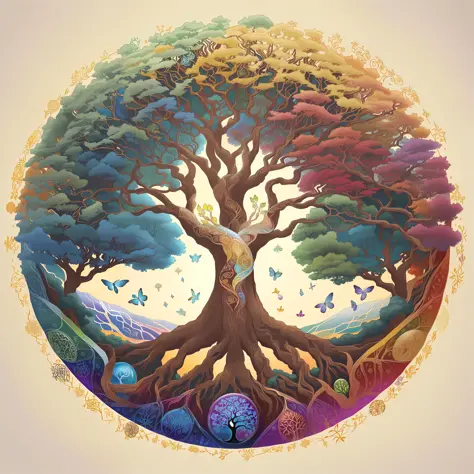 there is a picture of a tree with many different colors, tree of life seed of doubt, world tree, tree of life inside the ball, tree of life, the world tree, cosmic tree of life, the tree of life, yggdrasil, a beautiful artwork illustration, artistic illust...
