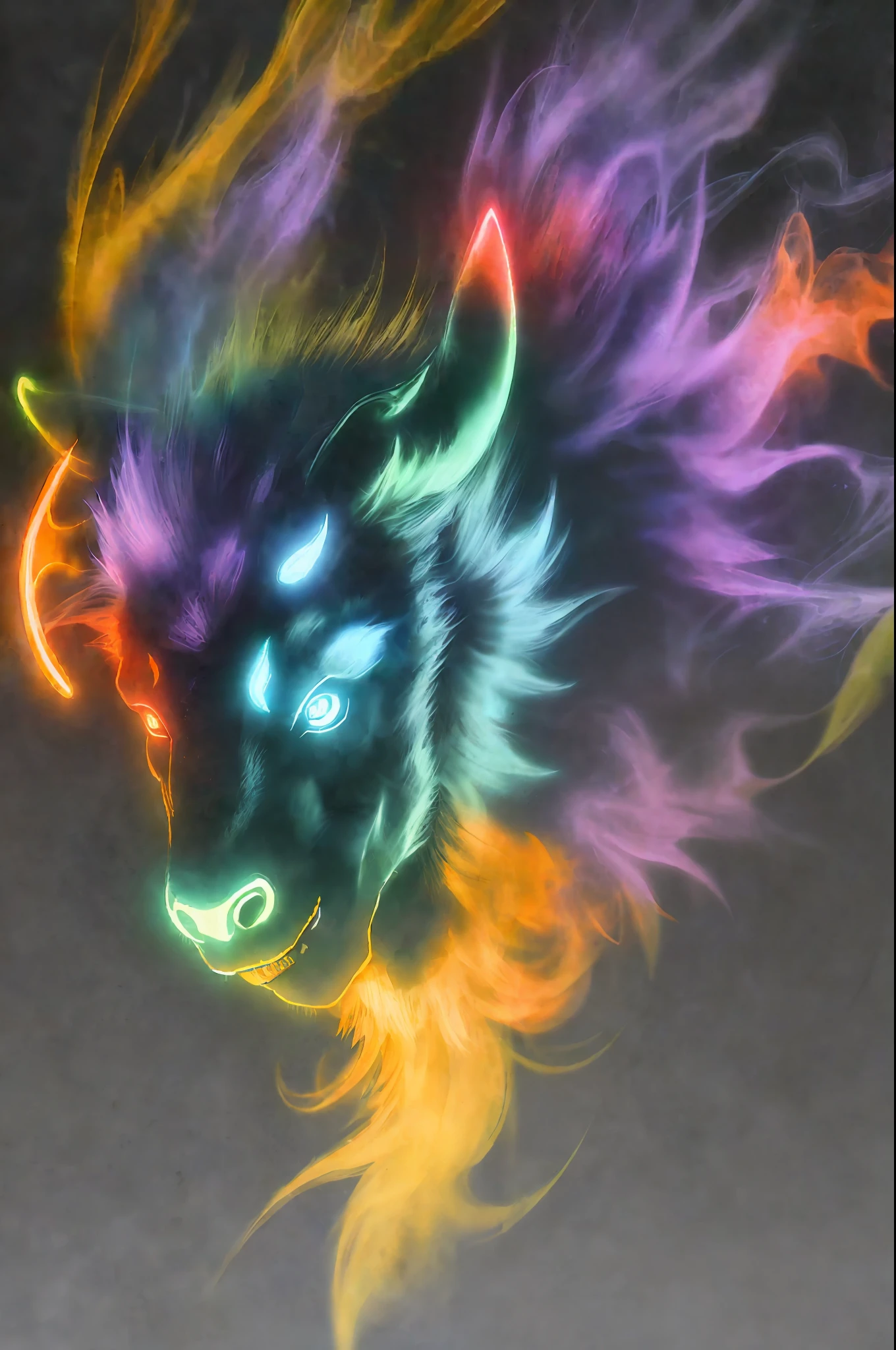 bioluminescent bull made of orange|crimson|dark blue purple smoke|lilac background