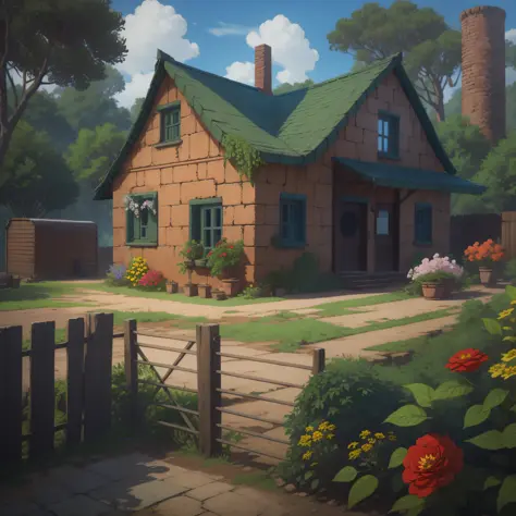There is a small house with a fence and some flowers in front of it, photography, a brick hut in the woods, old house, mud and b...