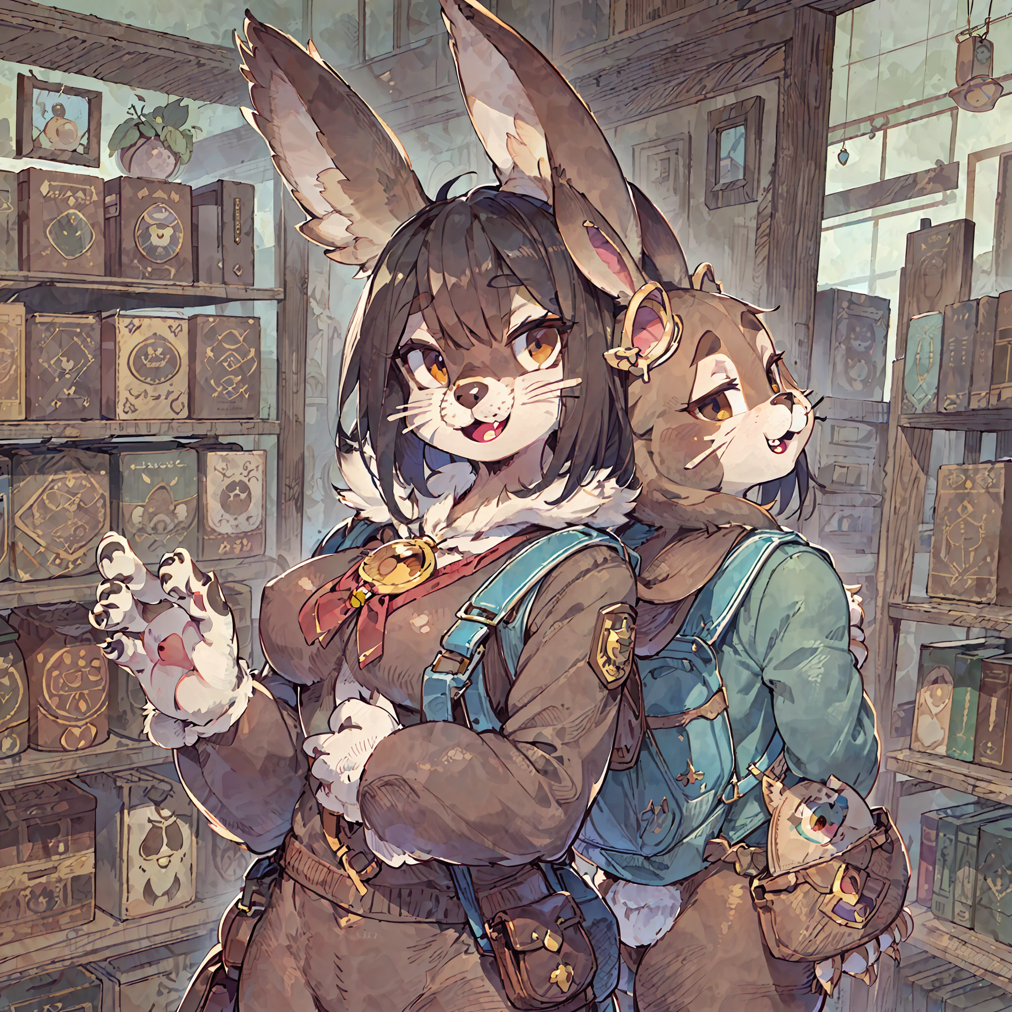 super fine illustration, best quality, magazine cover, upper body, contrapposto, backpack, badge, bag, bag charm, bookbag, handbag, pocket, pouch(Highly Detailed Beautiful Face and Eyes) absurdres, Perfect Anatomy((furry girl))(((furry)))(furry anthro:1.7)((rabbit Facial Features, rabbit Body Features))((rabbit ears, Highly Detailed Body Fur))joyful smile,