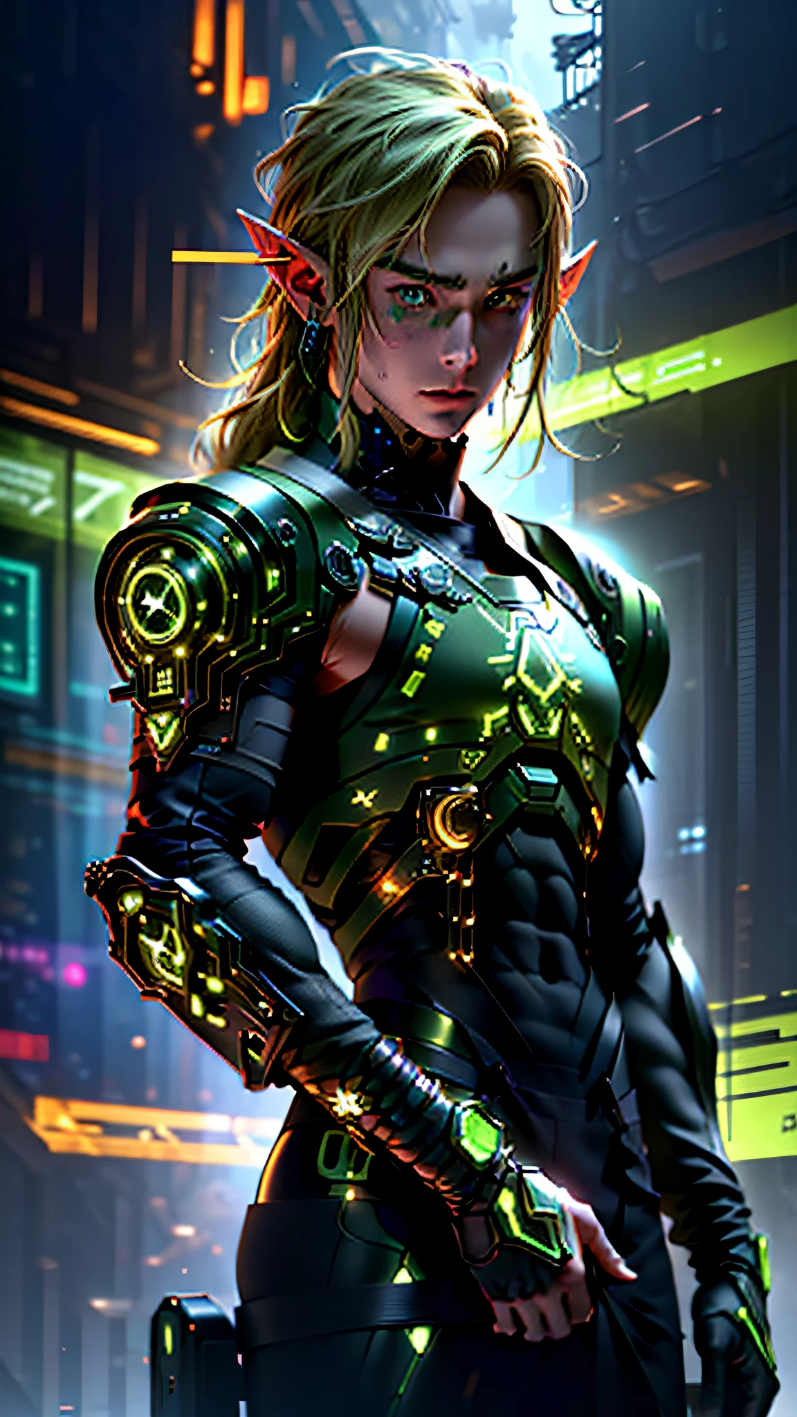 ultra detail, high resolution, ultra detailed, best quality, amazing, top quality, extremely detailed CG 8k wallpaper unit, cinematic lighting, Zelda cyberpunk link, cyberpunk, dark boy, green clothing, green armor, neon berde, blond hair, elf